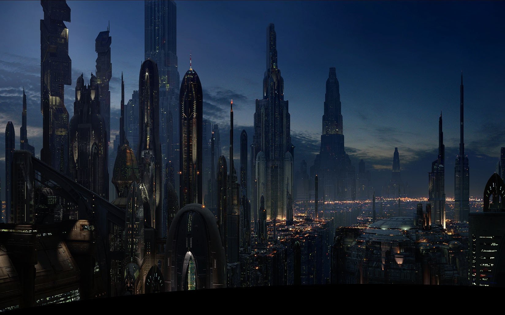 Coruscant futuristic city skyline at dusk HD Wallpaper