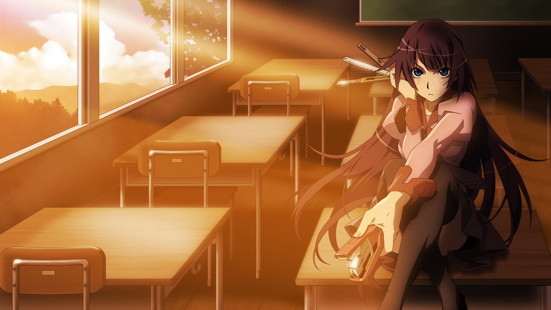 Senjougahara Hitagi in a classroom with sunlight HD Wallpaper