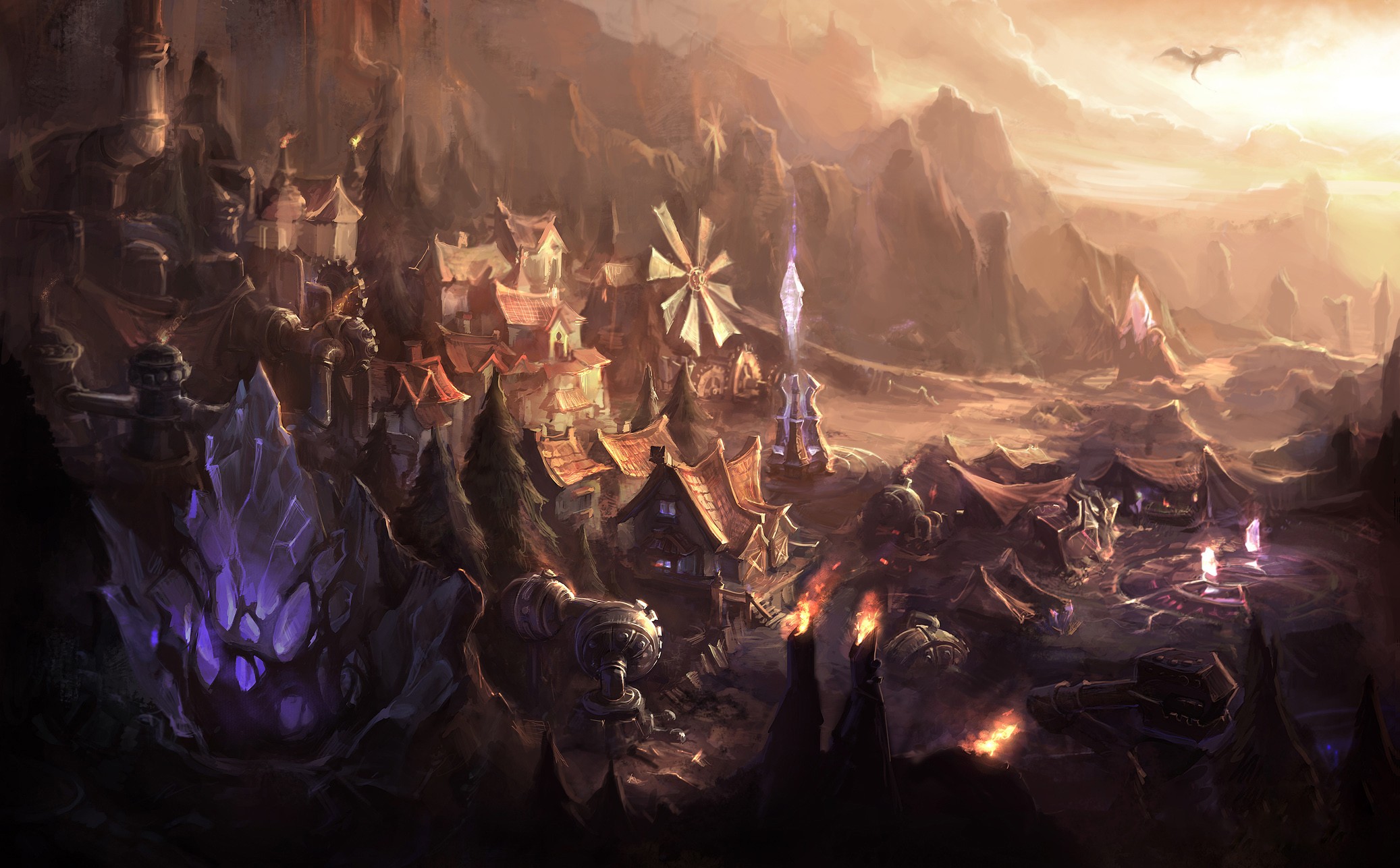 Fantasy city with dragon in the sky HD Wallpaper