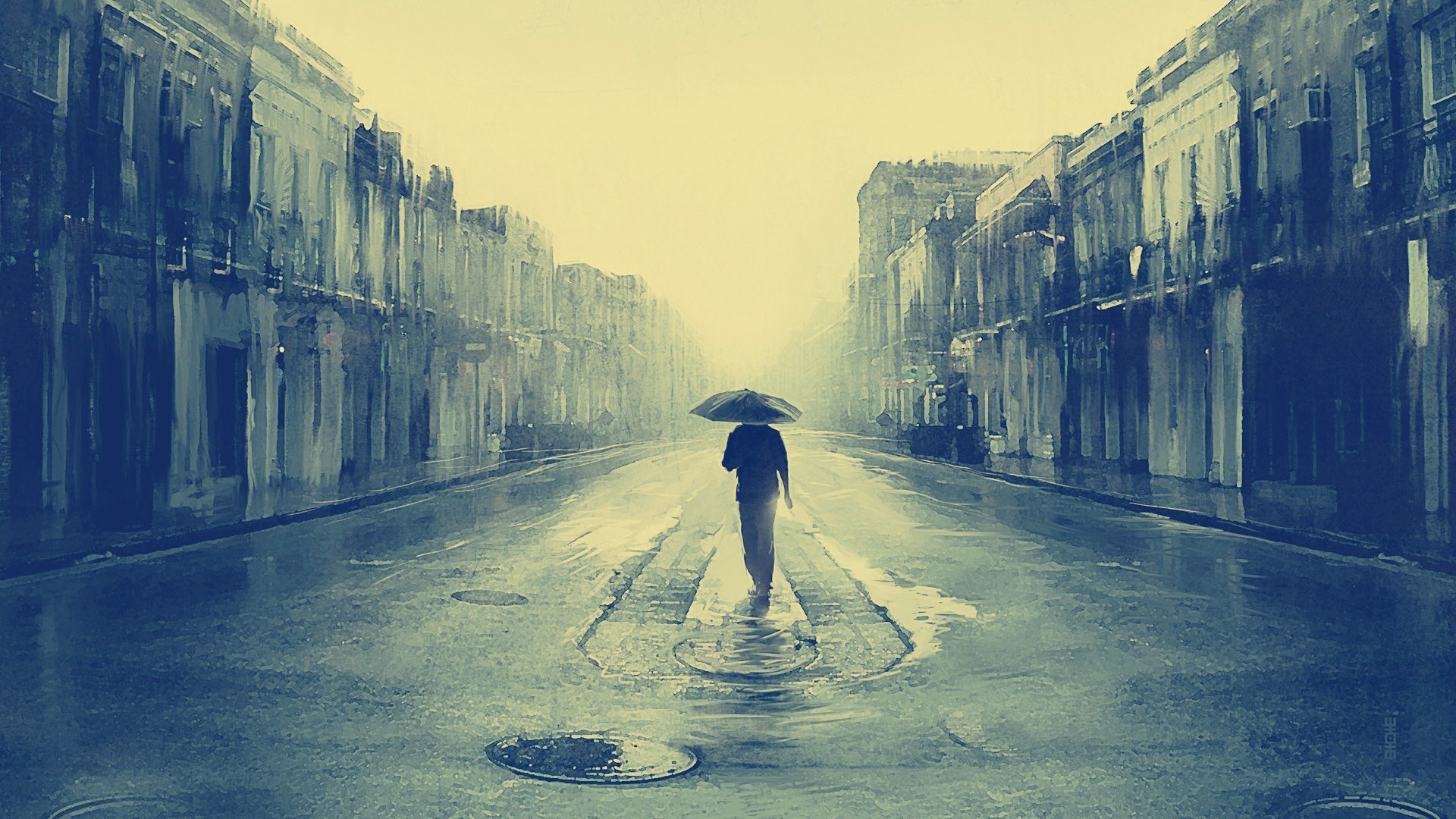 Person with umbrella walking down a rainy street HD Wallpaper