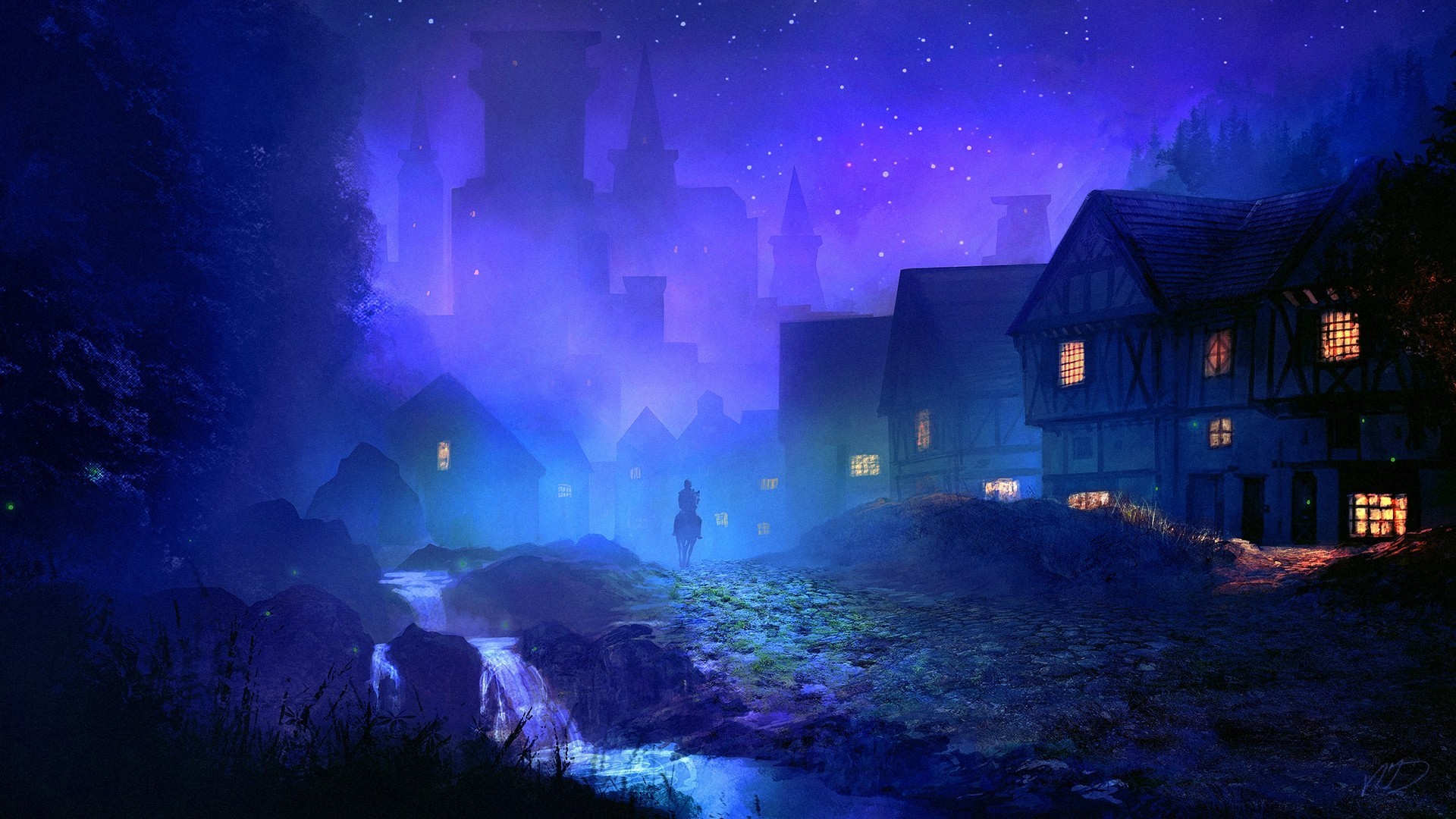 Fantasy town at night with a person on horseback HD Wallpaper
