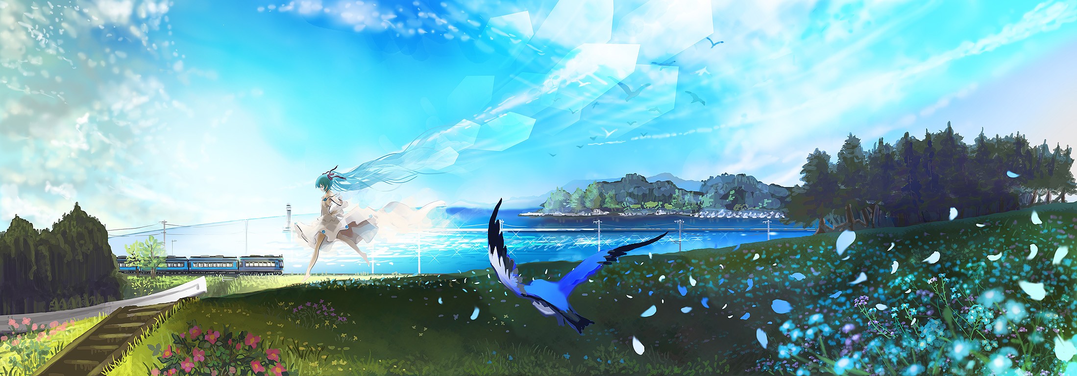 Hatsune Miku running by a train and a lake with birds HD Wallpaper