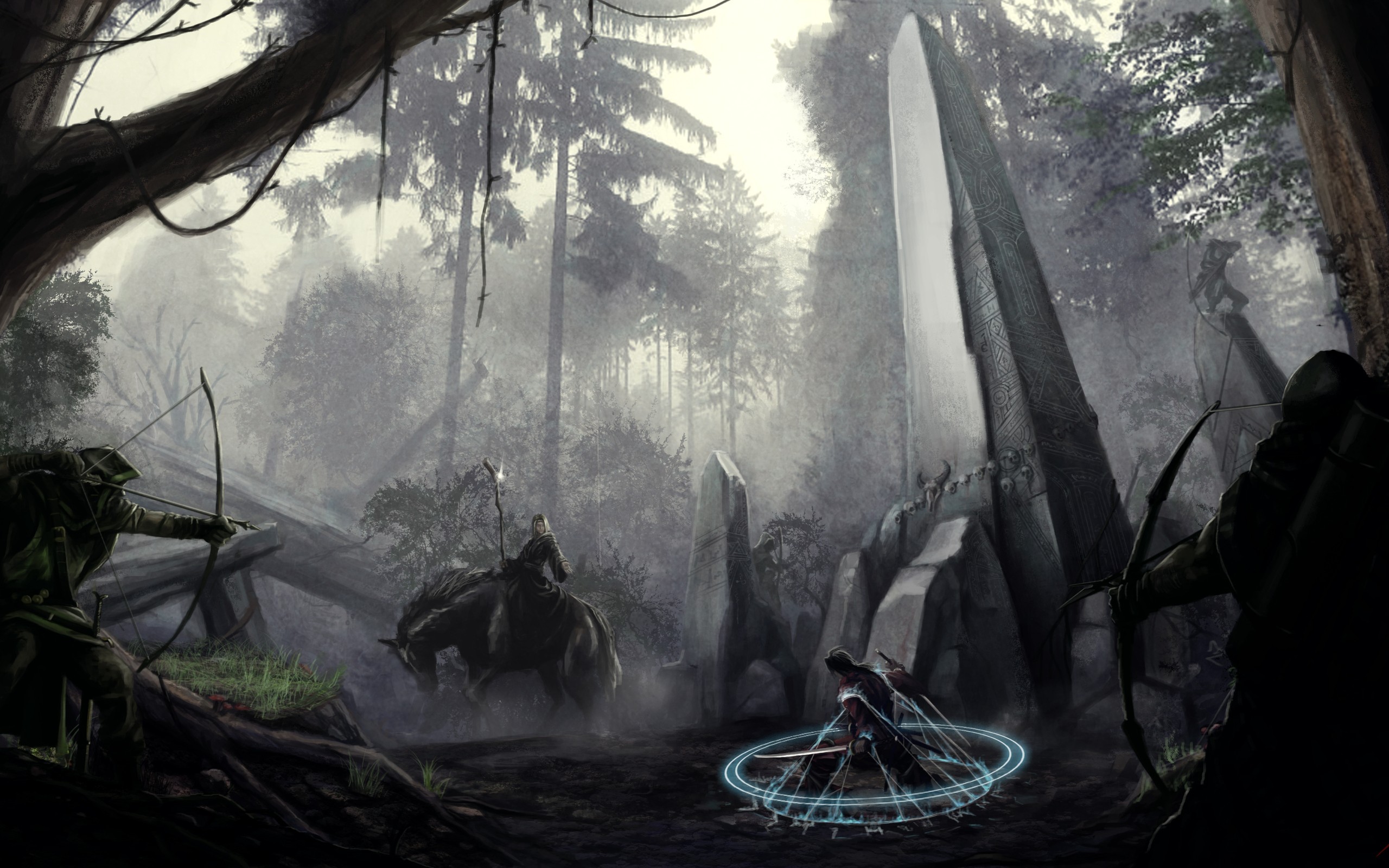 Fantasy forest scene with archers and a rider HD Wallpaper