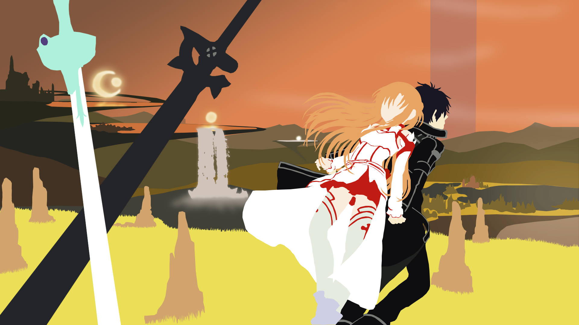 Sword Art Online: Kirito and Asuna with swords HD Wallpaper