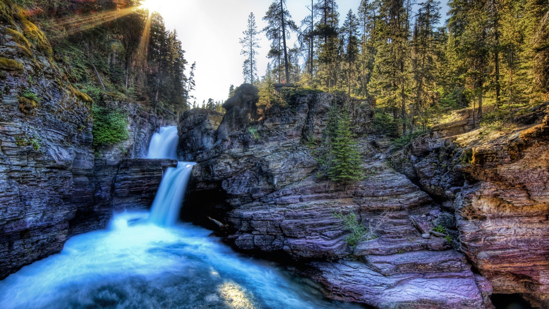 St. Mary Falls in Glacier National Park with Sunlight HD Wallpaper