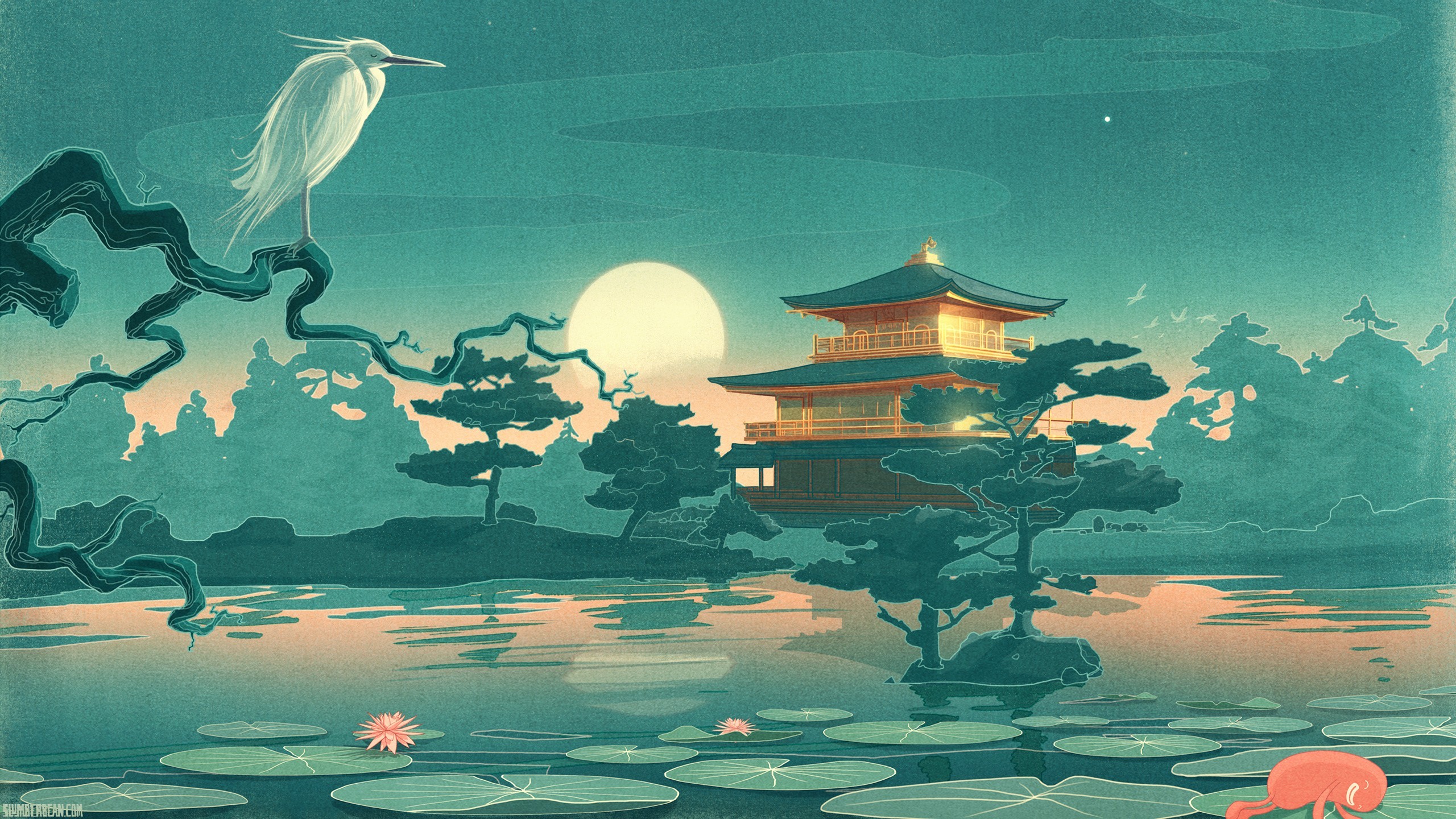 Japanese Temple by a Lake with a Heron HD Wallpaper