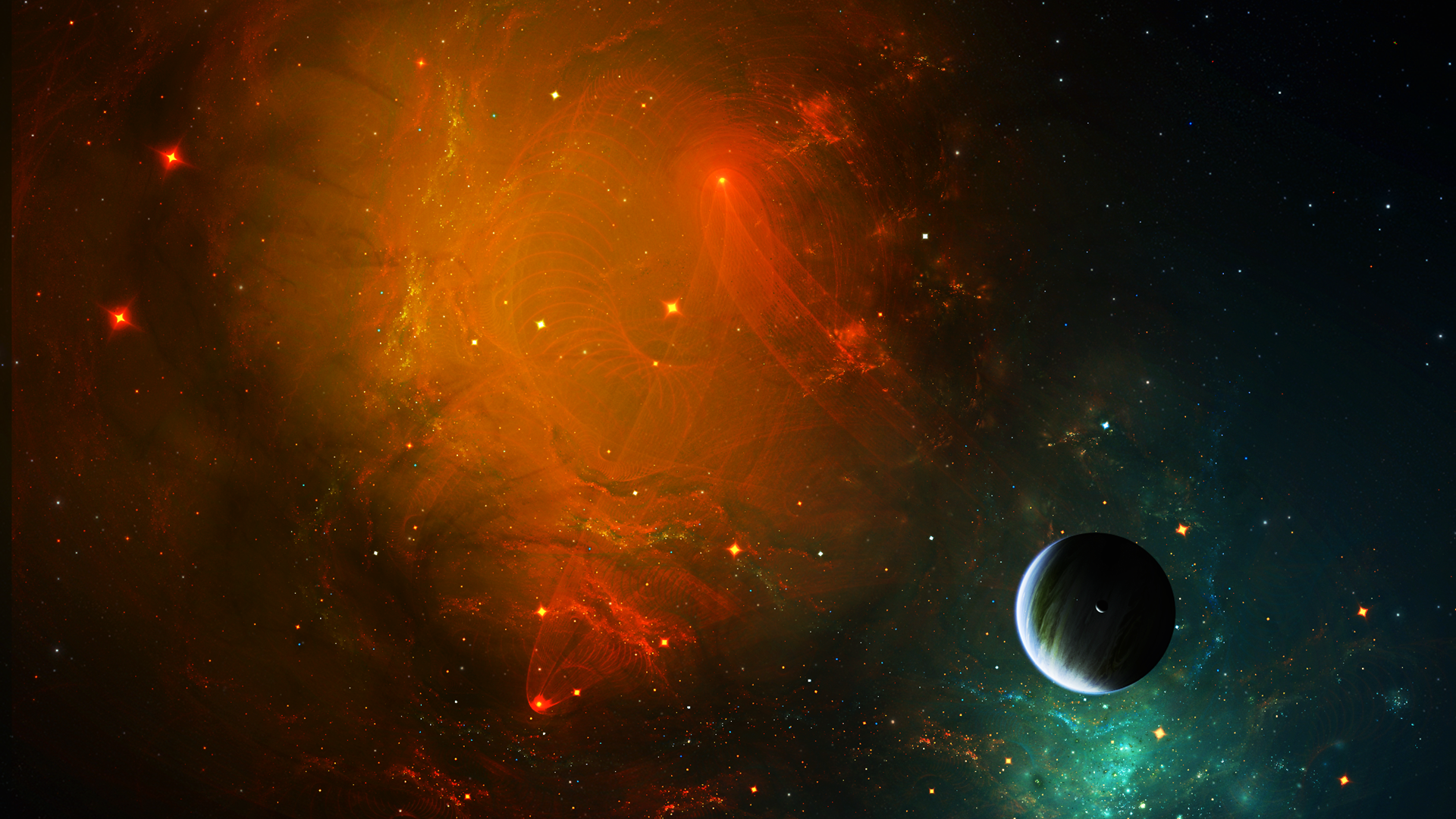 Planet in a vibrant nebula with stars HD Wallpaper