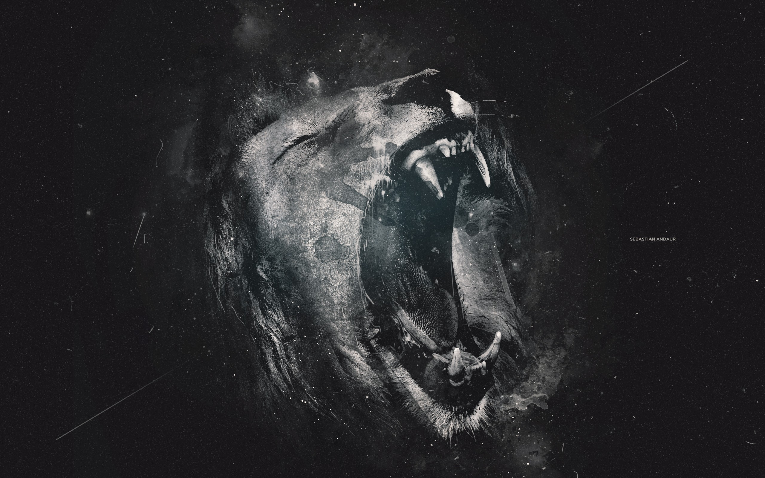 Monochrome digital art of a roaring lion HD Wallpaper