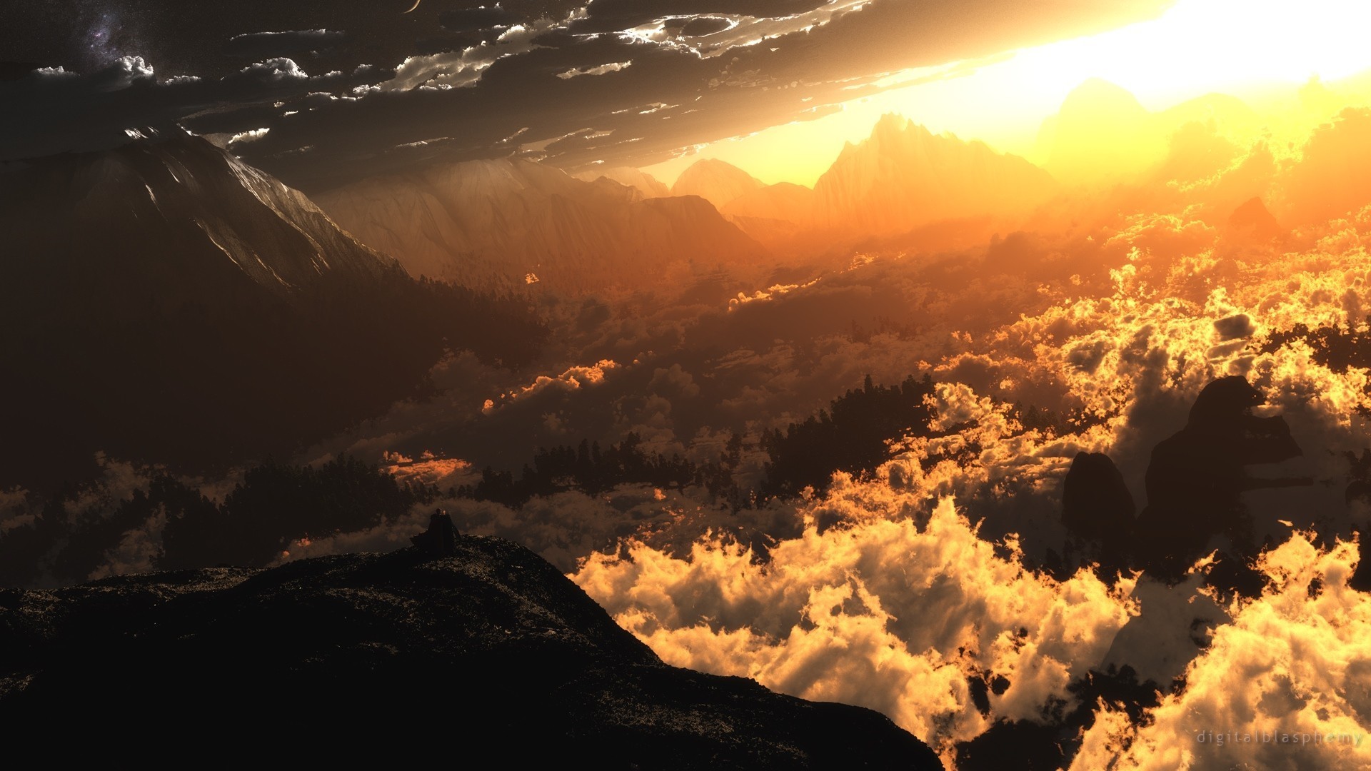 Mountains and clouds illuminated by golden sunlight HD Wallpaper