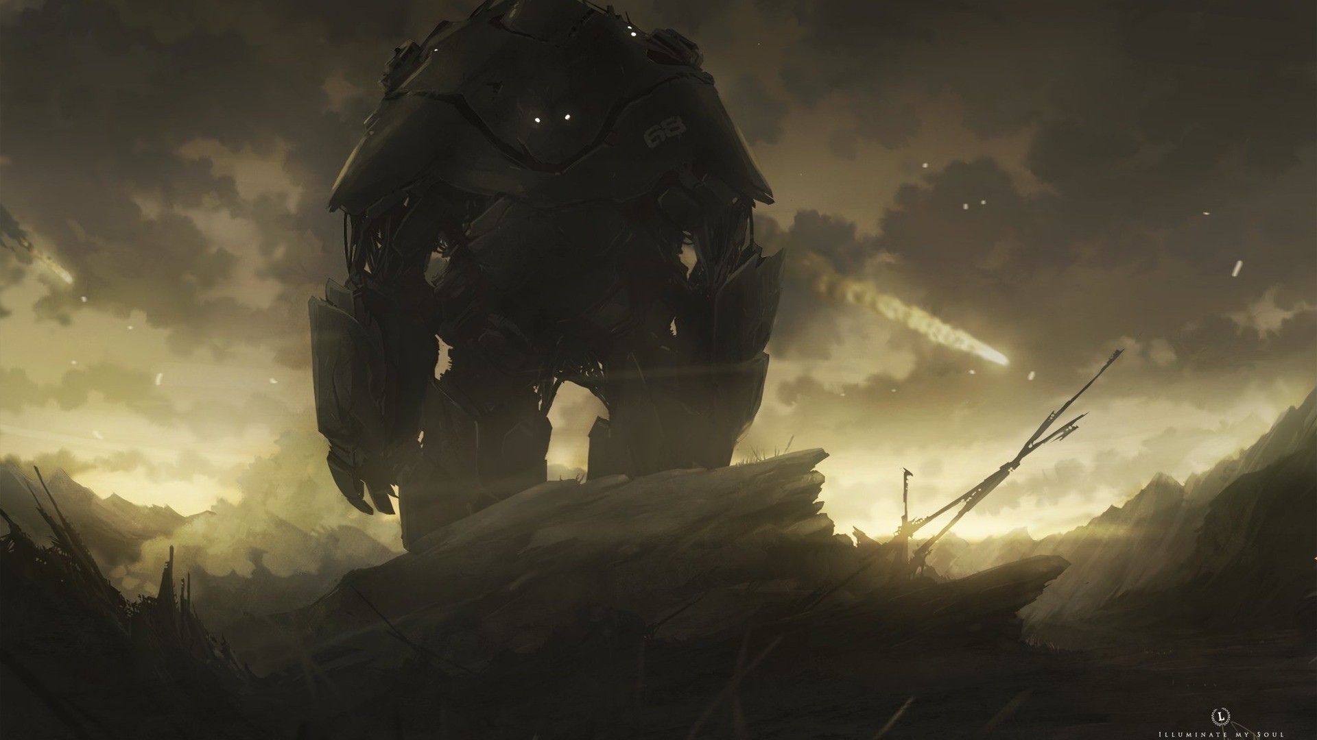 Giant mech in a desolate, mountainous landscape HD Wallpaper