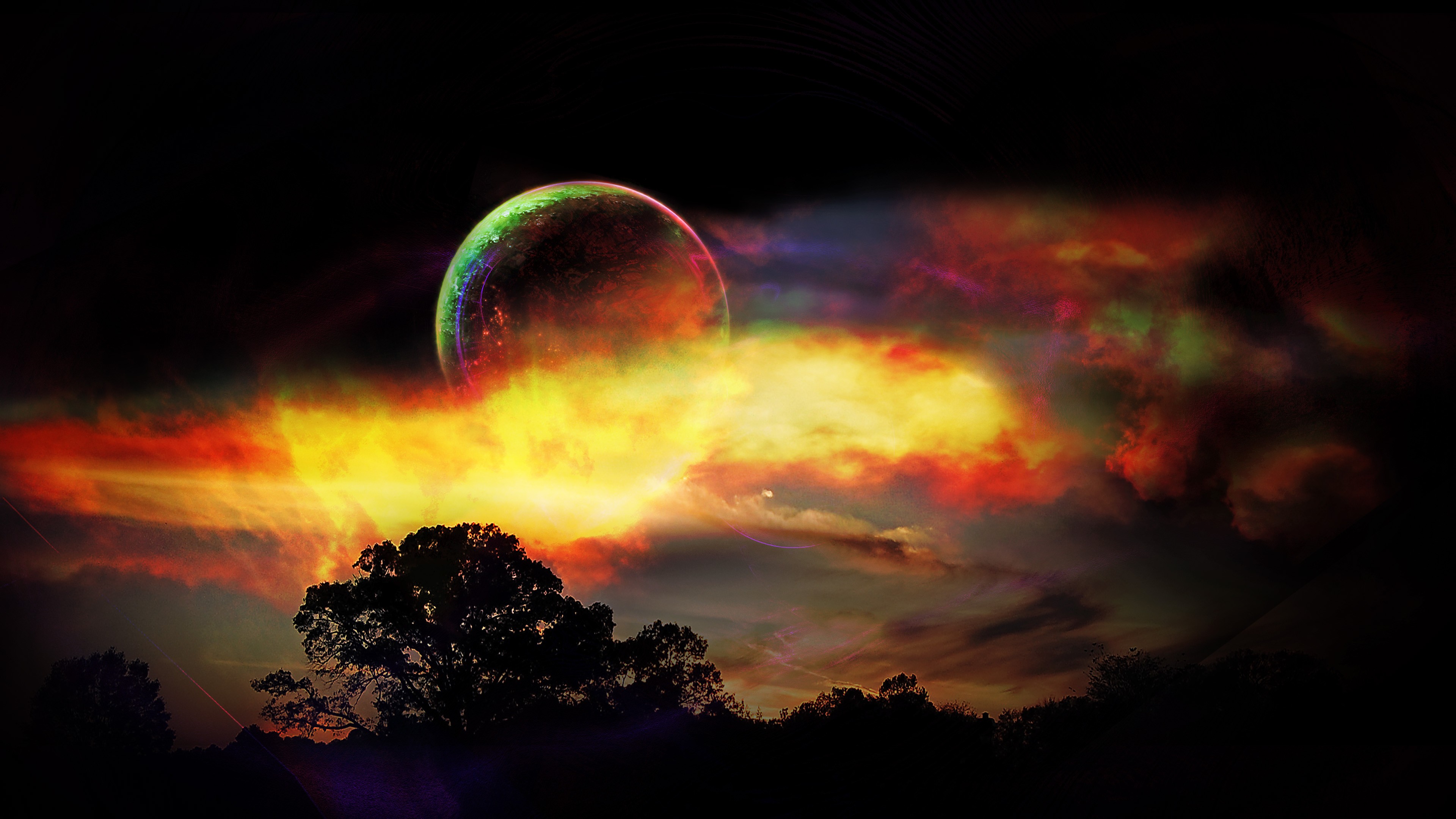 Colorful planet and aurorae over silhouetted trees HD Wallpaper