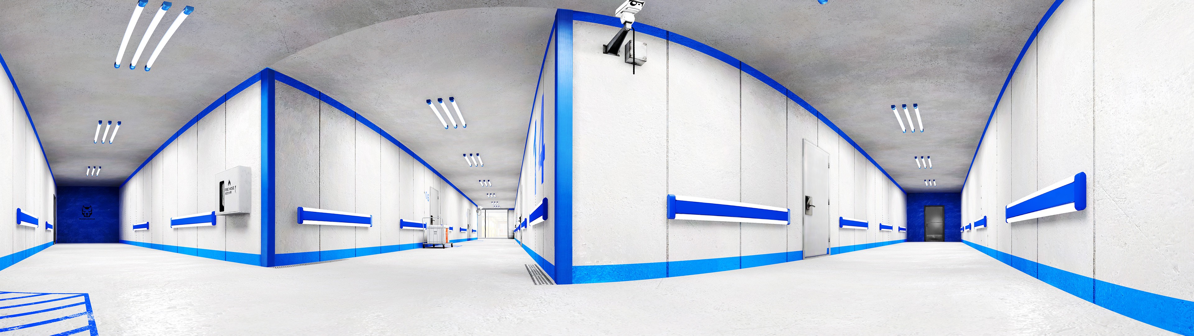 Mirrors Edge hallway with blue and white walls HD Wallpaper