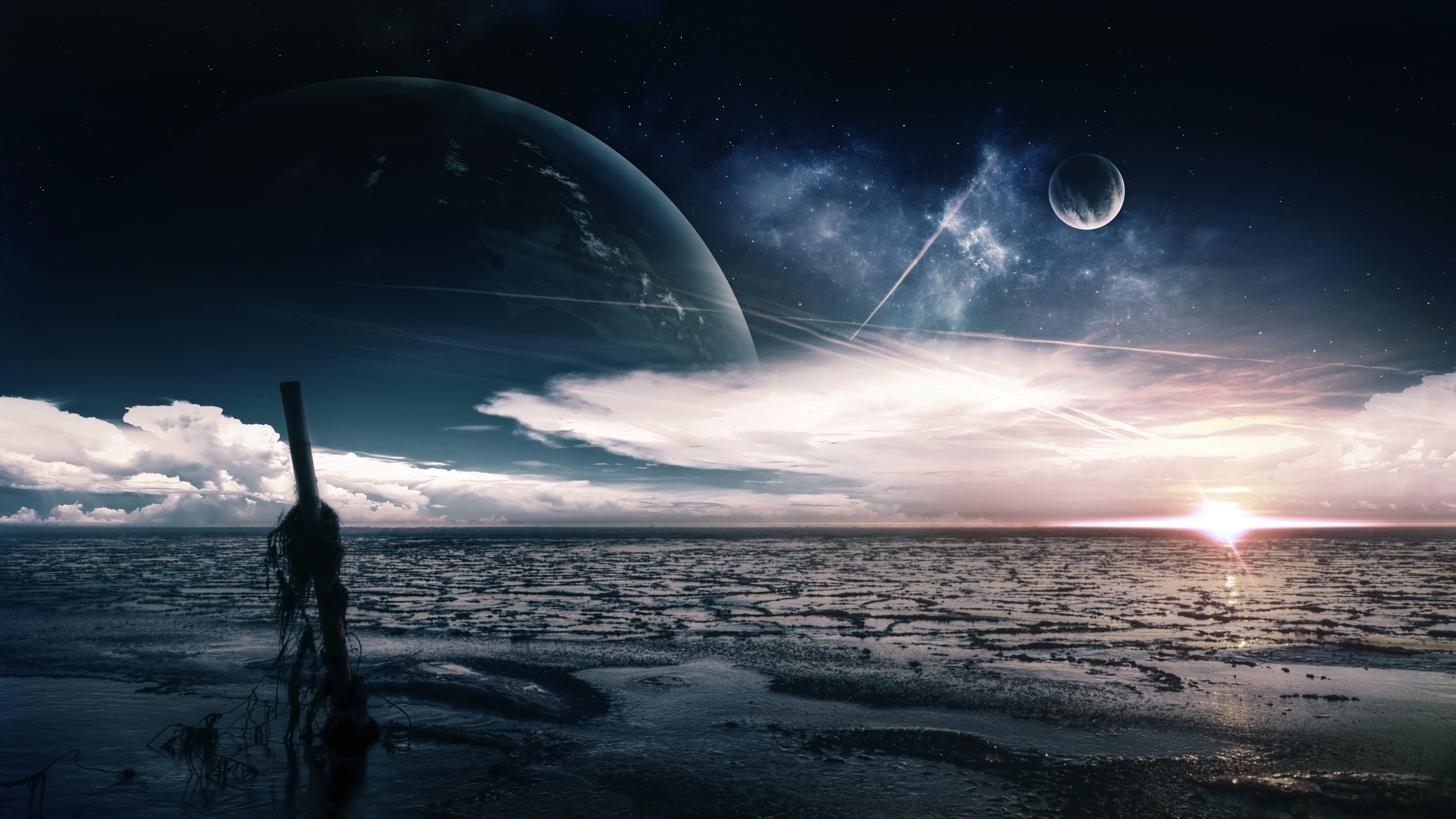 Alien planet landscape with a large planet and moon HD Wallpaper