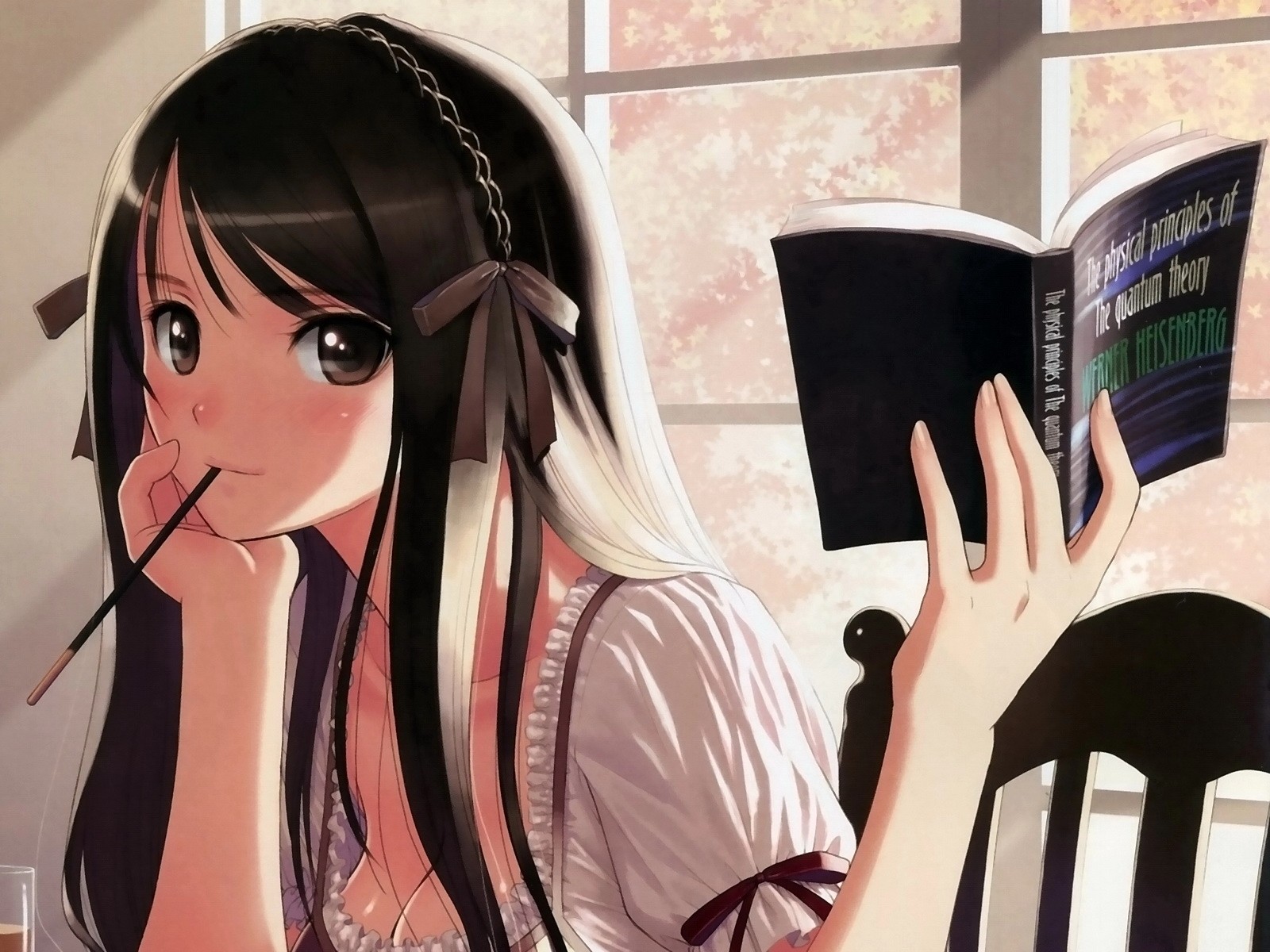 Anime girl reading "The Physical Principles of the Quantum Theory" HD Wallpaper