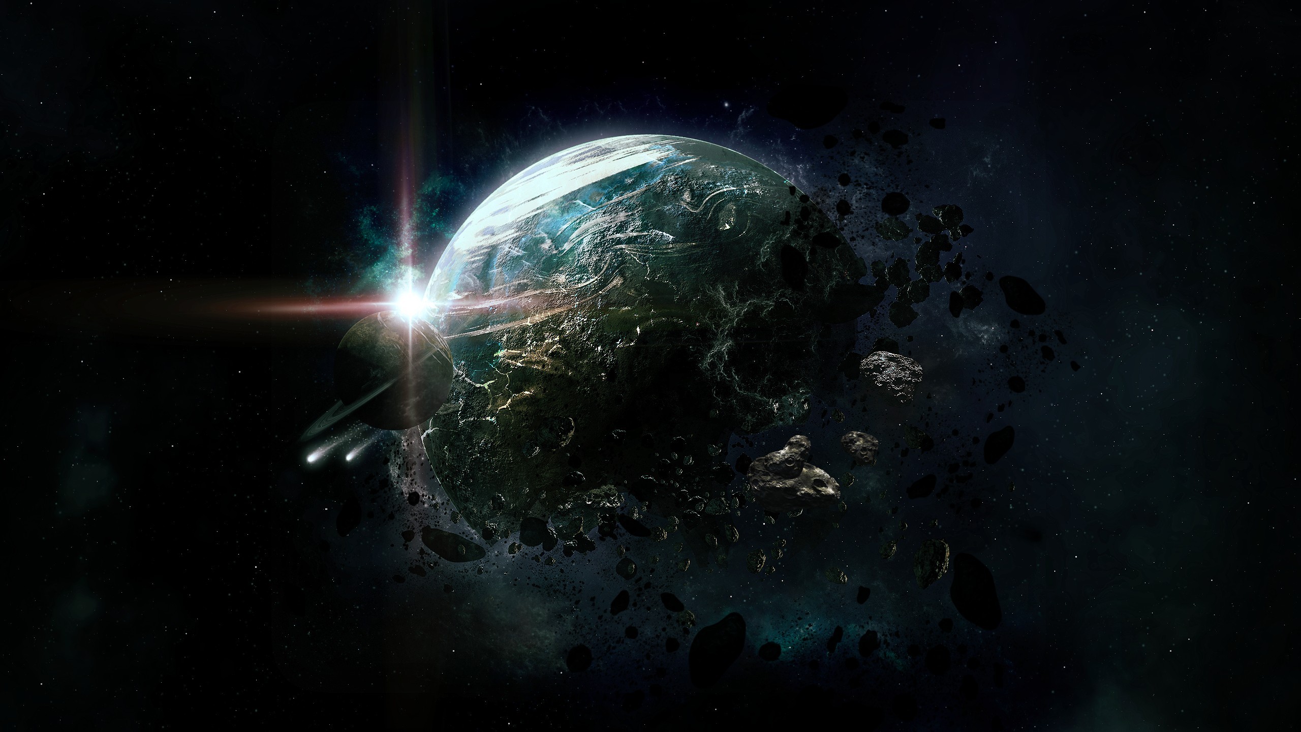 Planet and asteroids in space with a bright light HD Wallpaper