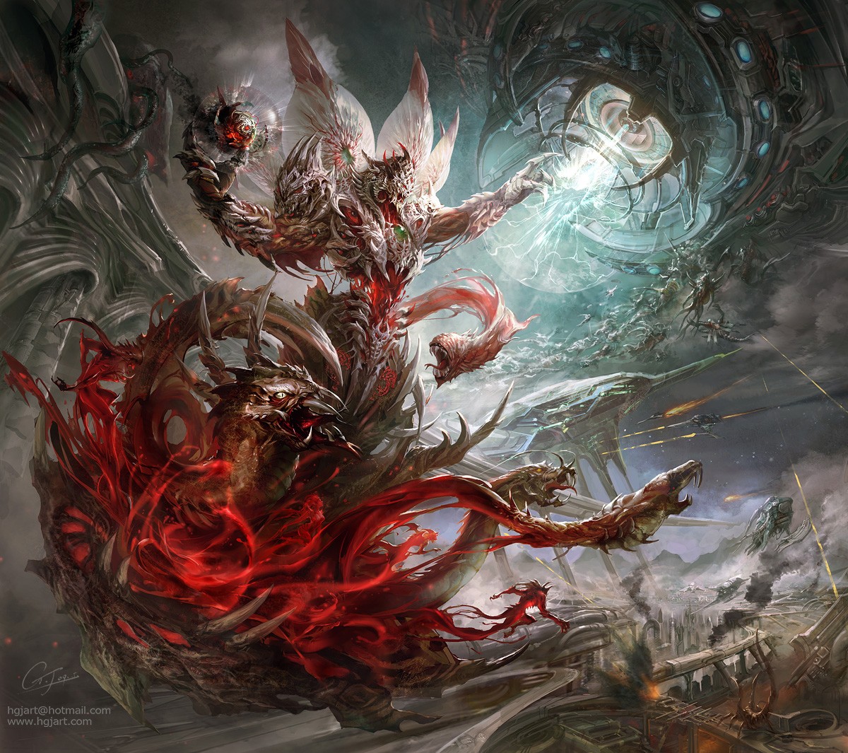 Demonic creature with multiple heads and wings in battle HD Wallpaper