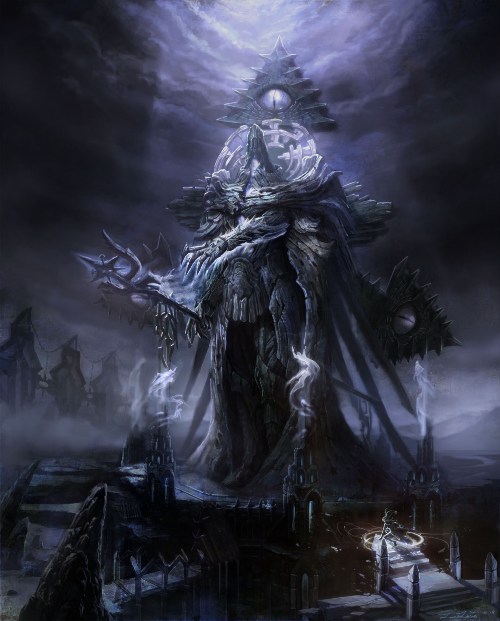 A colossal, monstrous creature in a dark fantasy landscape HD Wallpaper
