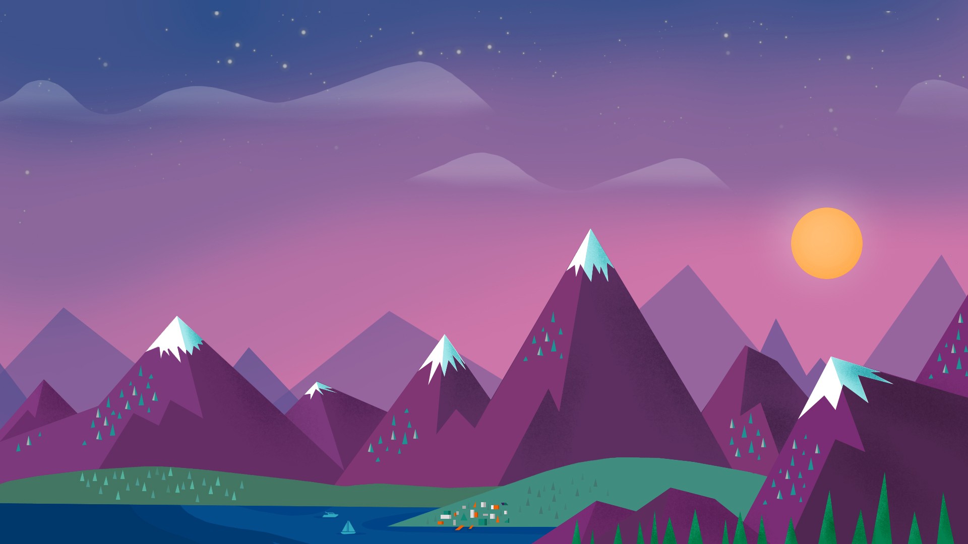 Minimalist artwork of mountains at dusk HD Wallpaper
