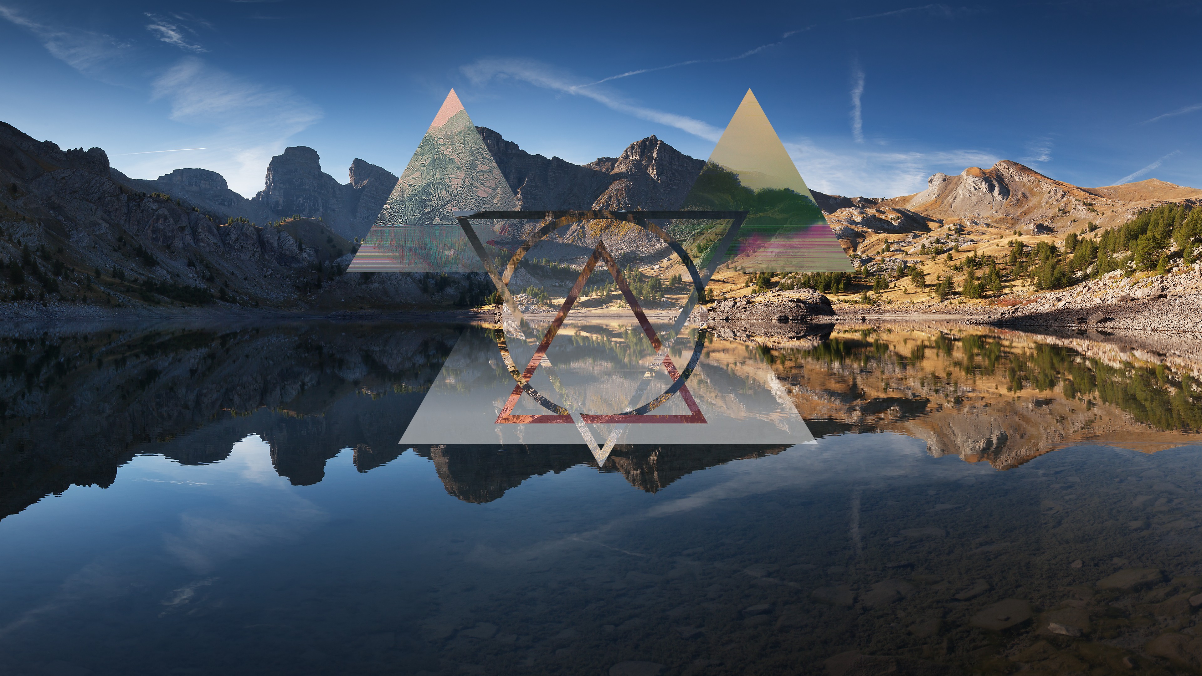 Abstract Geometric Overlay on Mountain Lake Landscape HD Wallpaper