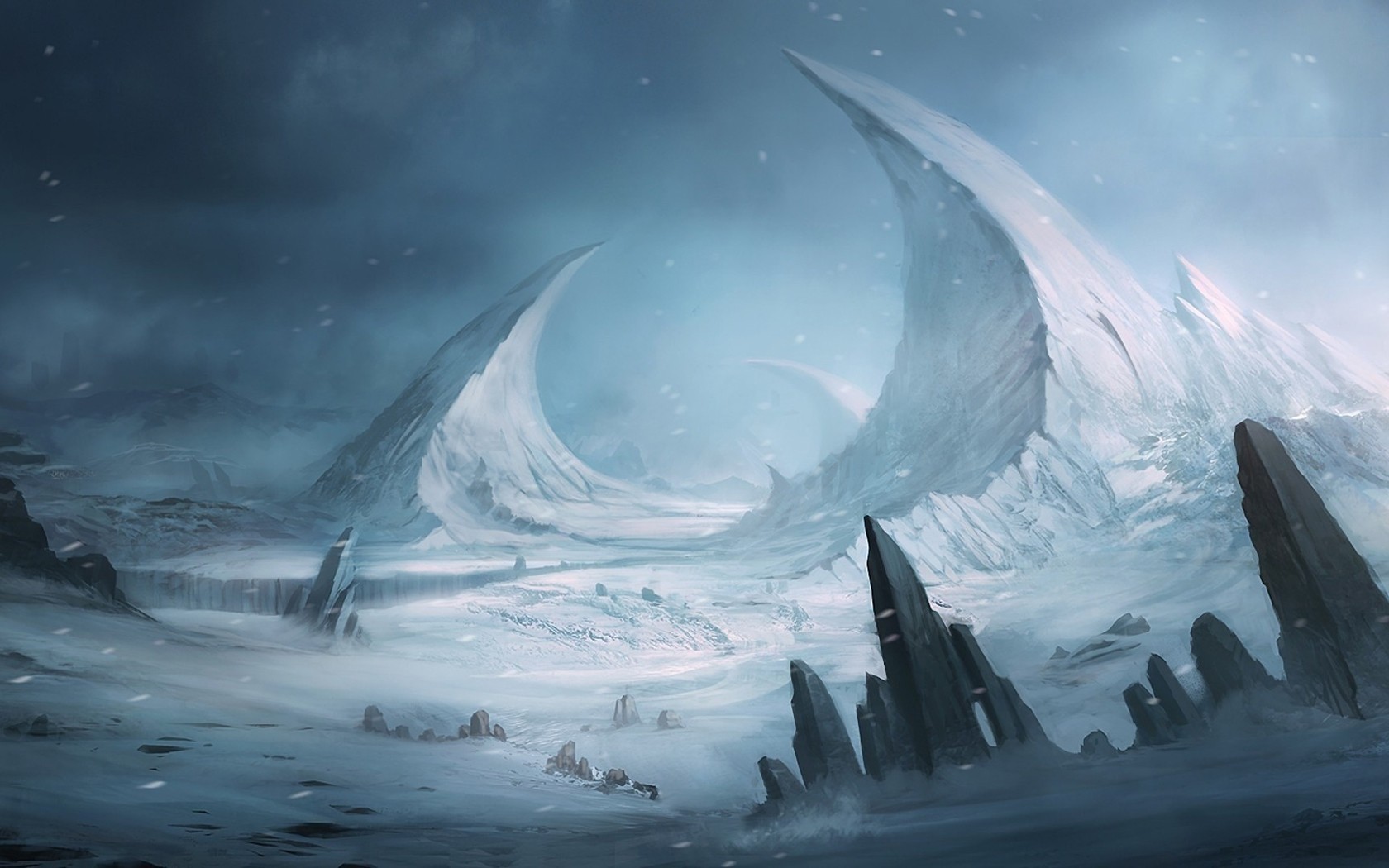 Fantasy landscape with icy mountains and snow HD Wallpaper