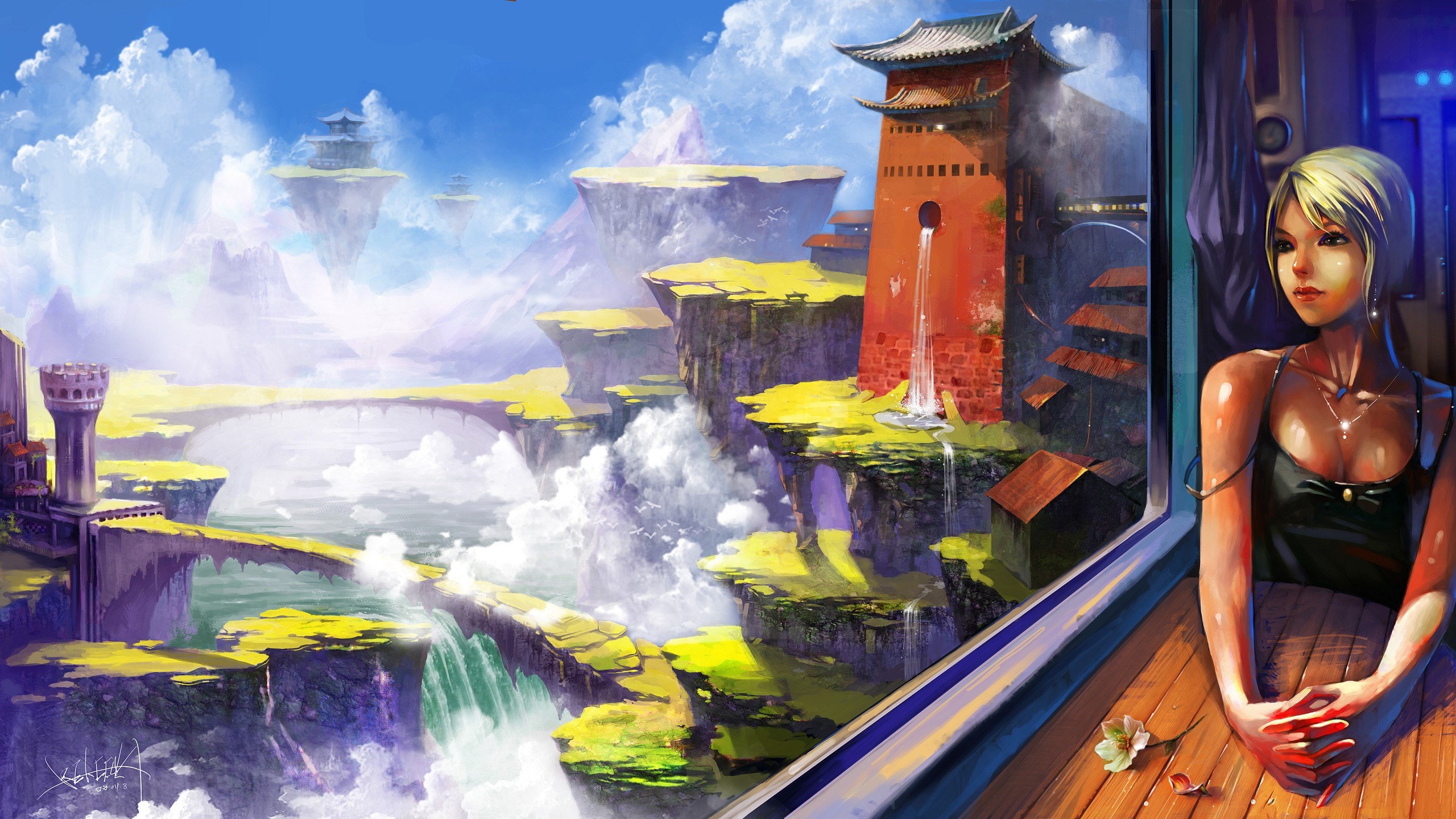 Fantasy landscape with floating islands and a woman HD Wallpaper