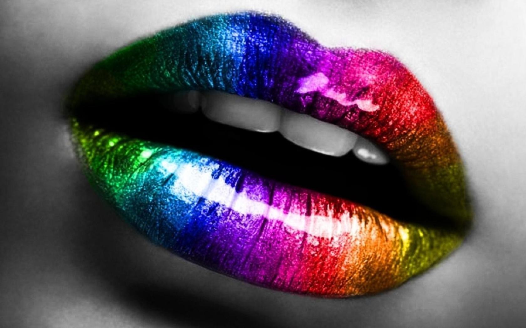 Close-up of lips with rainbow-colored lipstick HD Wallpaper