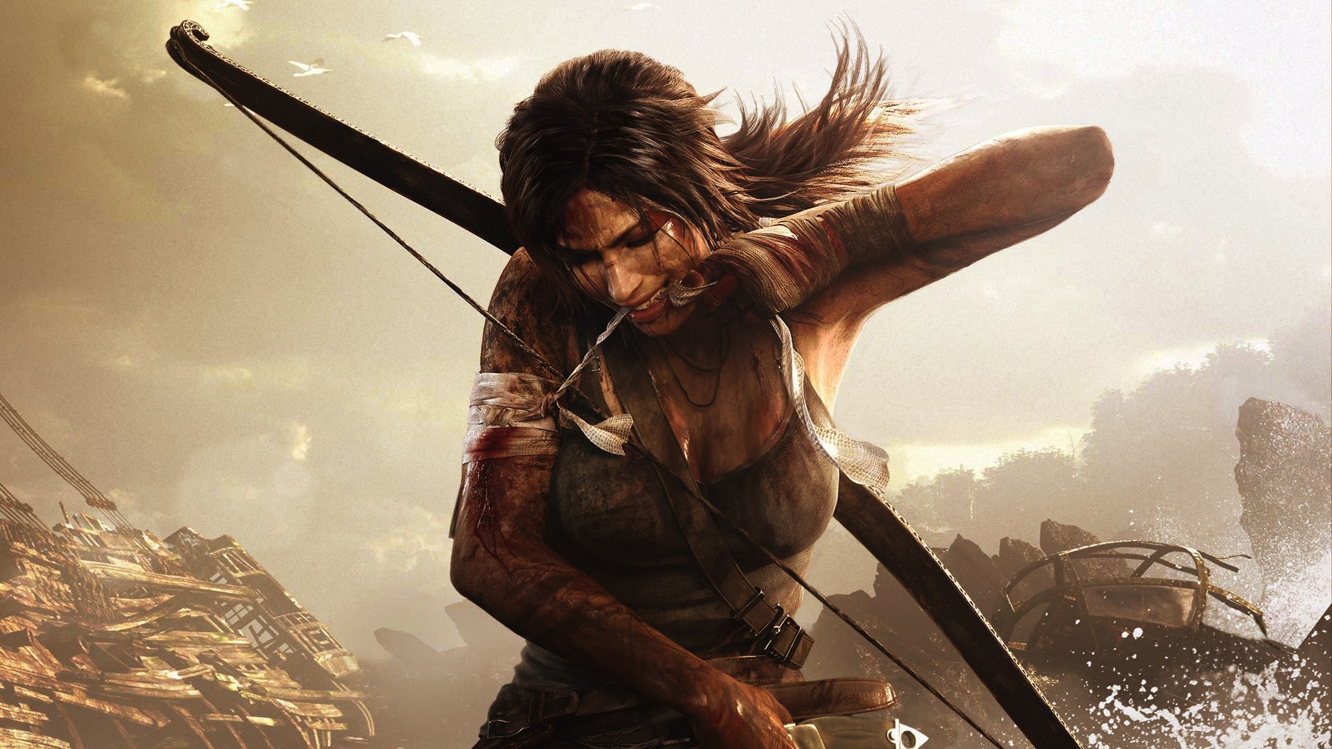 Lara Croft aiming a bow and arrow HD Wallpaper