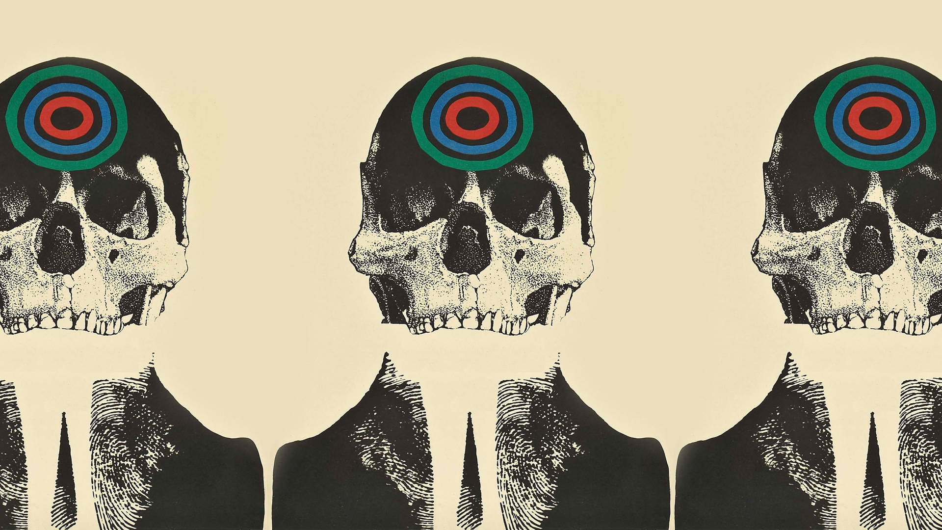 Artwork of three skulls with targets on their foreheads HD Wallpaper