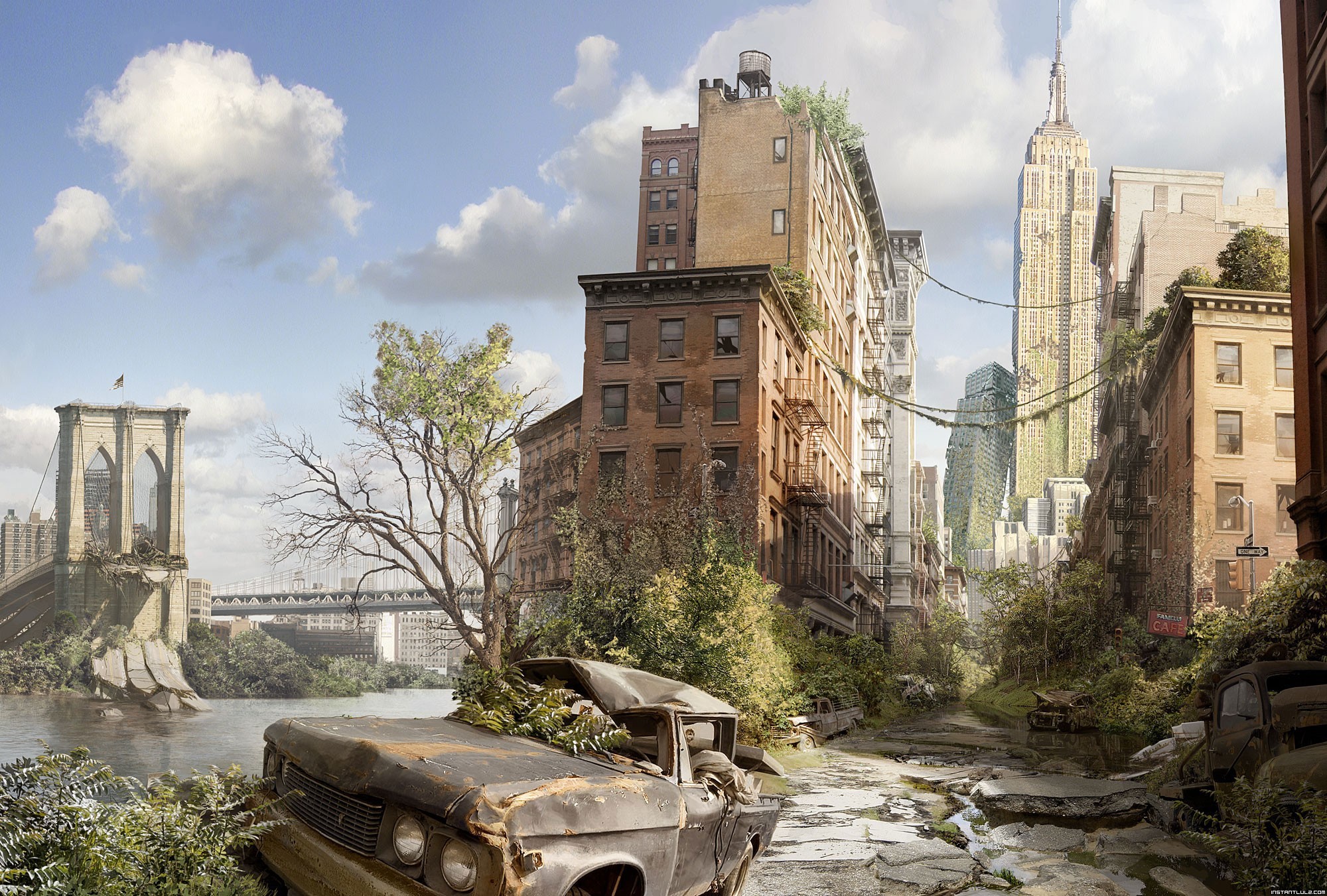 Apocalyptic New York City with overgrown buildings and abandoned cars HD Wallpaper