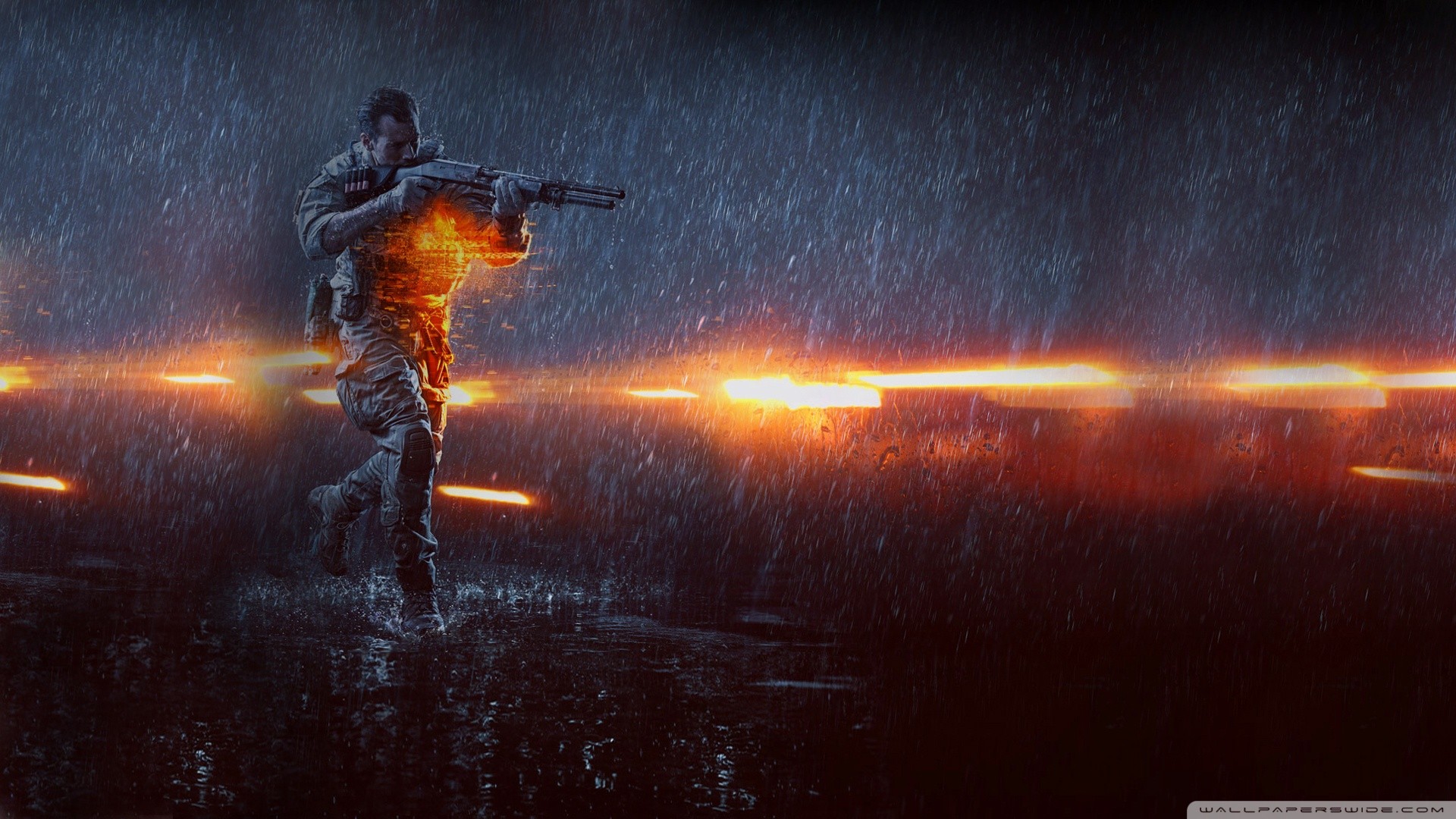 Battlefield 4 Soldier in Rain with Explosions HD Wallpaper