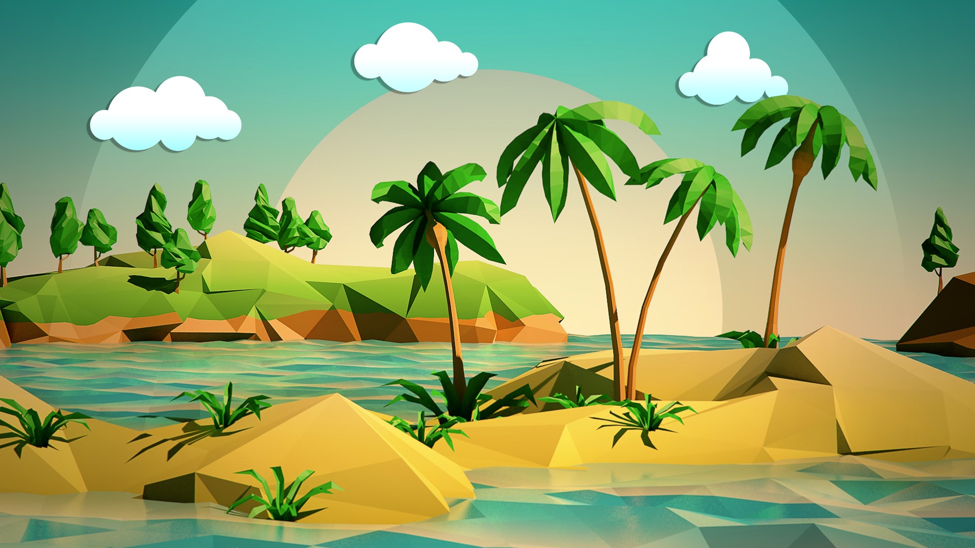 Low poly island with palm trees and water HD Wallpaper