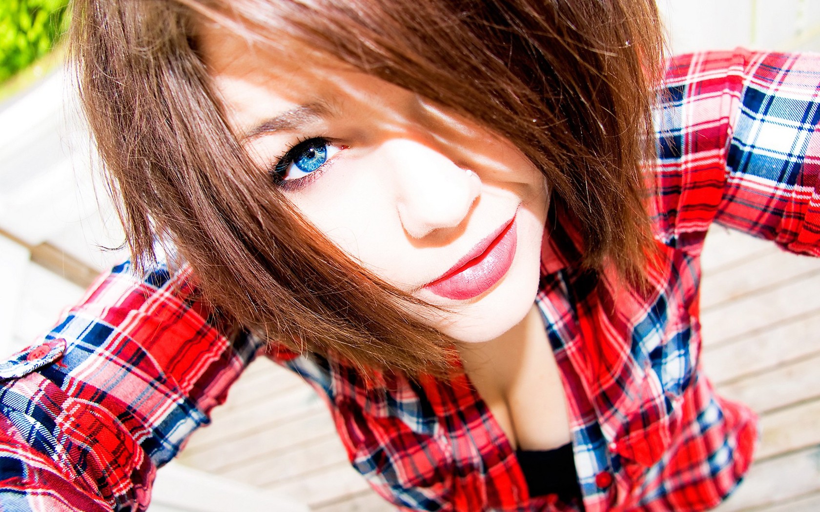 Woman with blue eyes wearing a plaid shirt HD Wallpaper