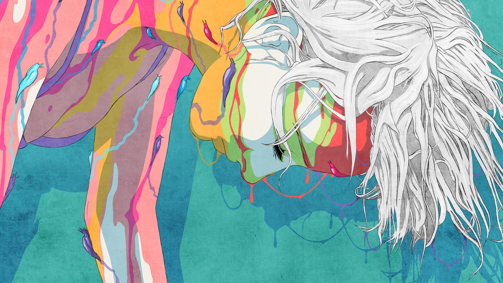 Artwork of a woman with white hair and colorful drips HD Wallpaper