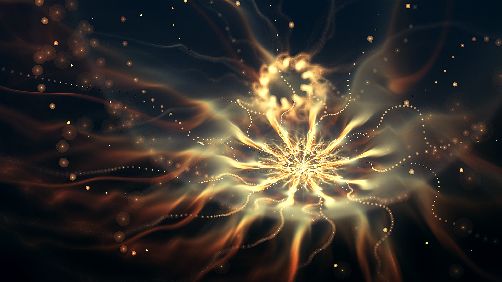 Abstract fractal with glowing golden tendrils and particles HD Wallpaper