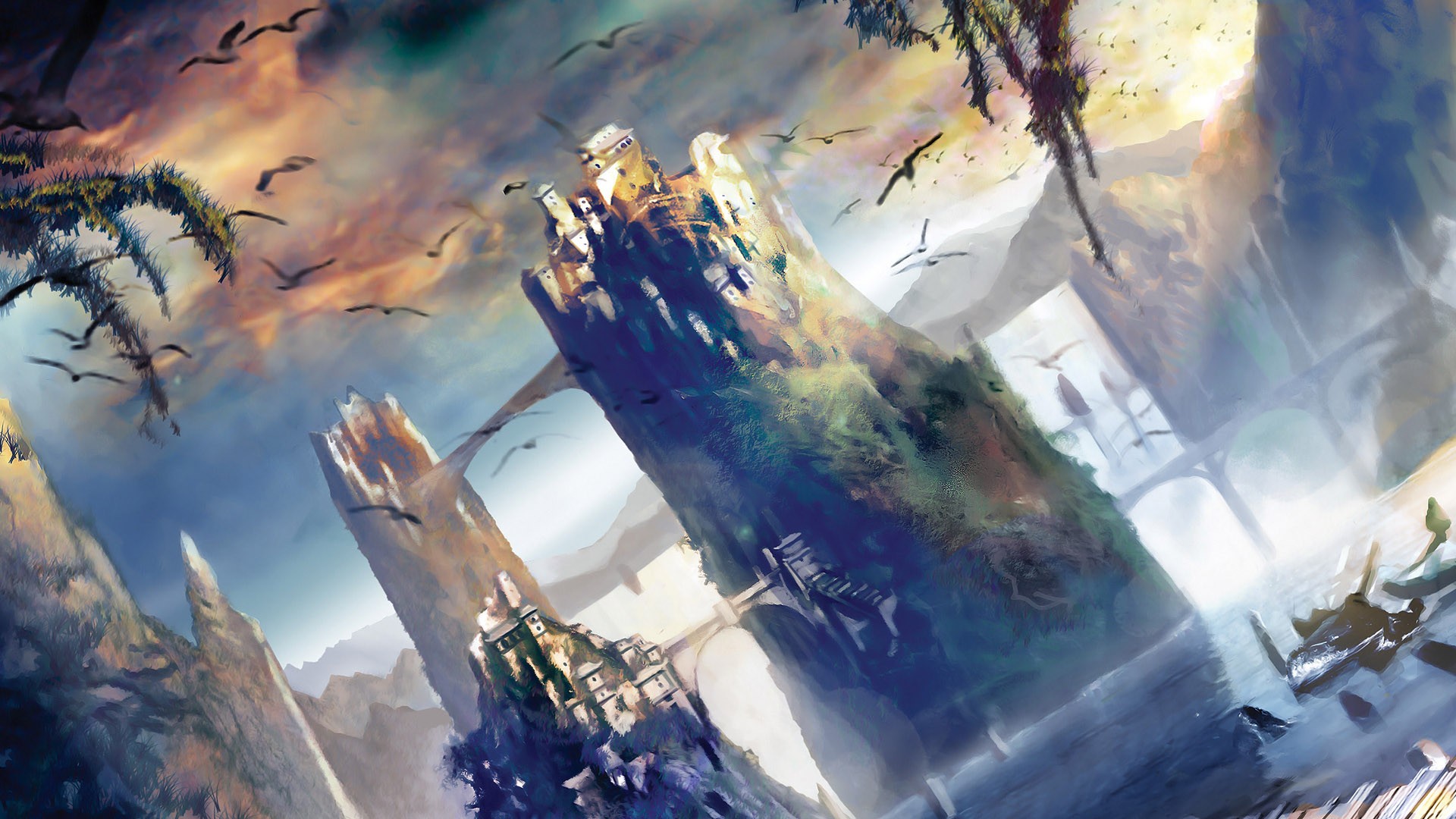 Fantasy city built on rocky cliffs with bridges and birds HD Wallpaper