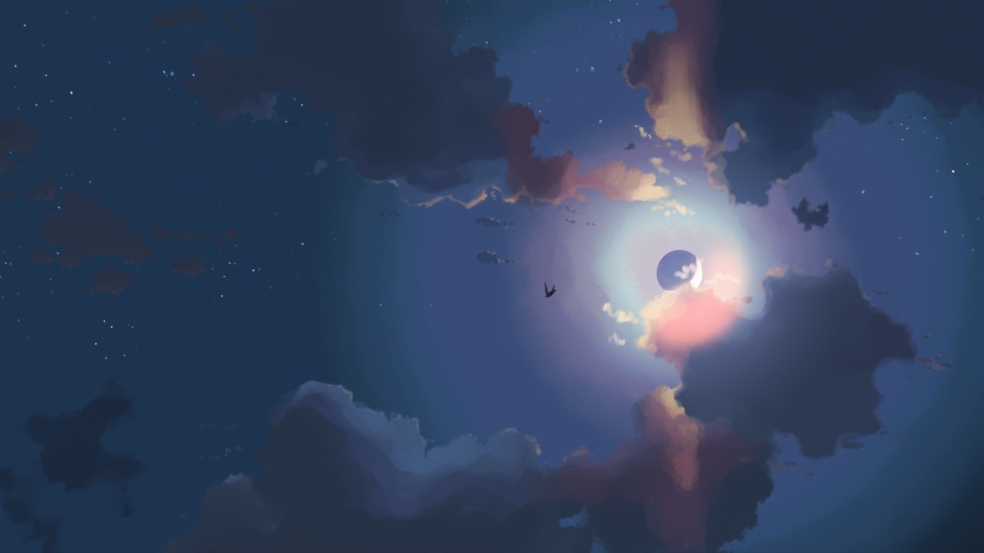 Night sky with moon and clouds artwork HD Wallpaper