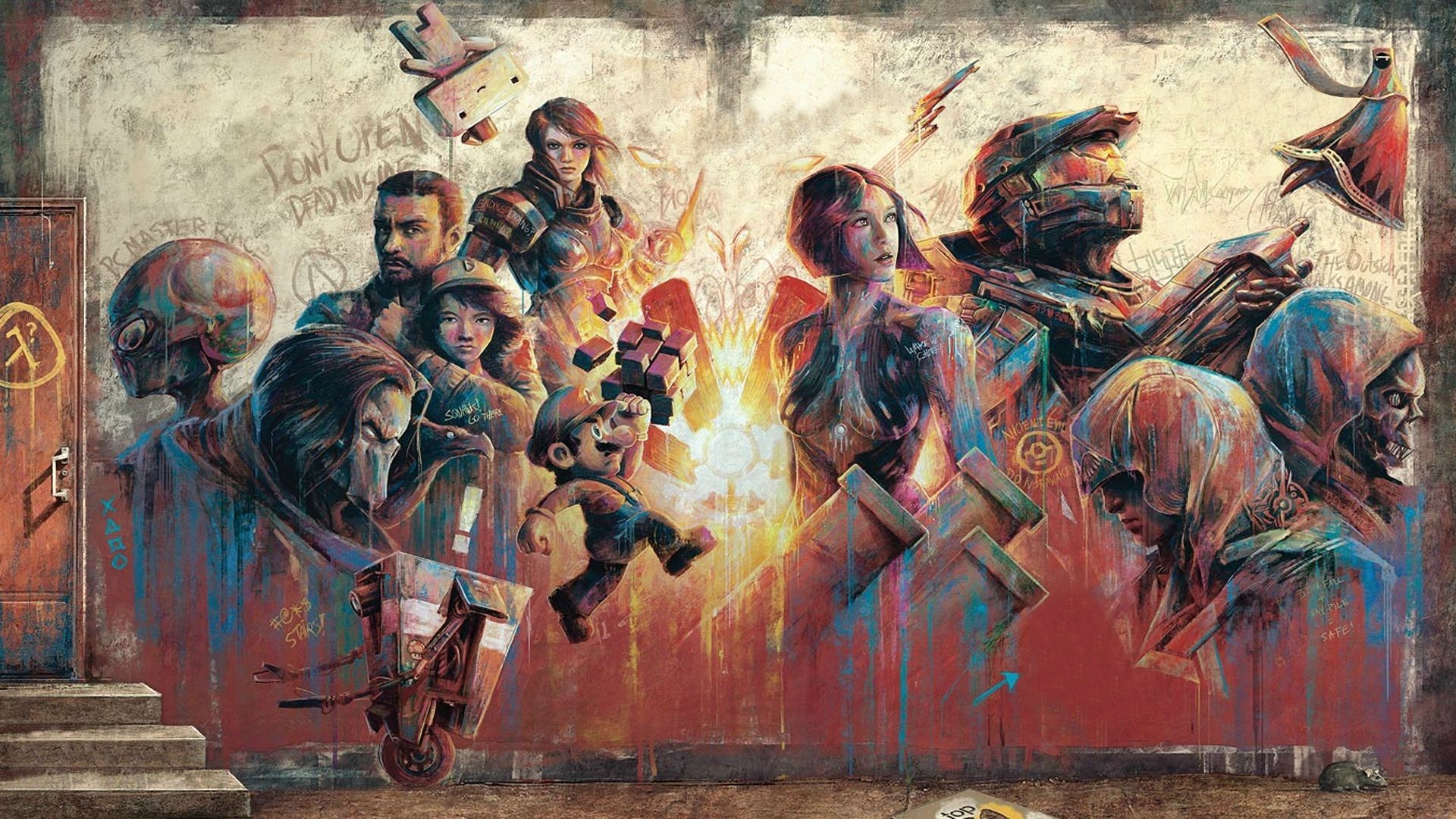 Video Game Characters Mural with Mario and Master Chief HD Wallpaper