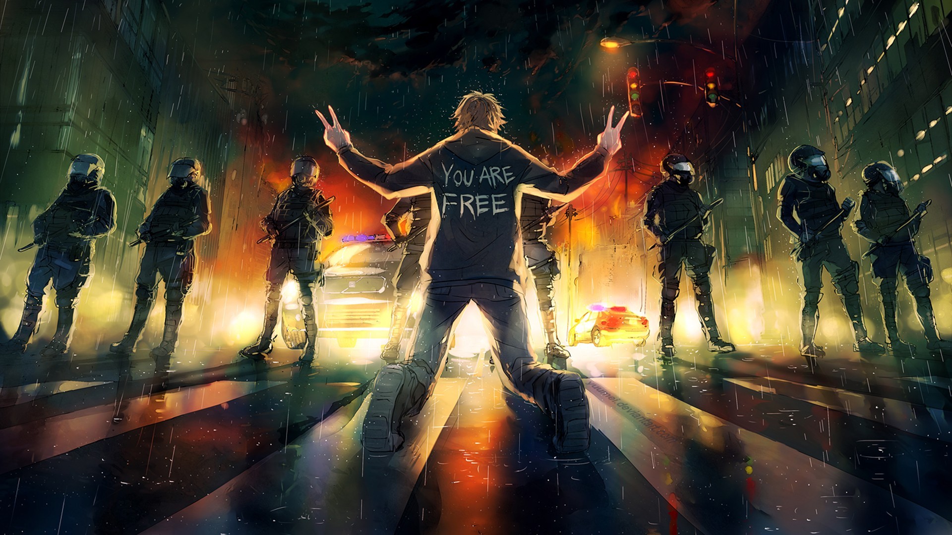 Fisheye Placebo: Riot police confront a man with 'You Are Free' on his hoodie HD Wallpaper