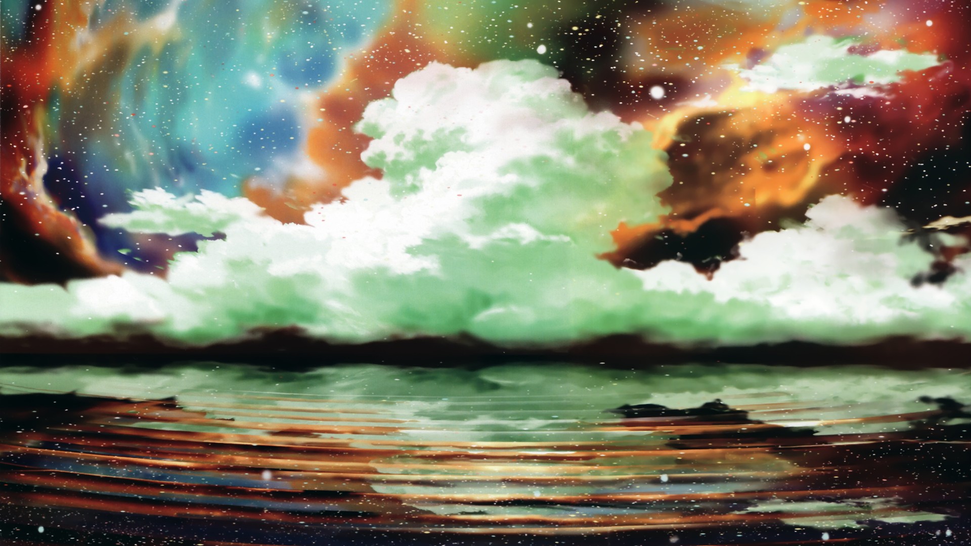 Anime sky with clouds reflected in water HD Wallpaper