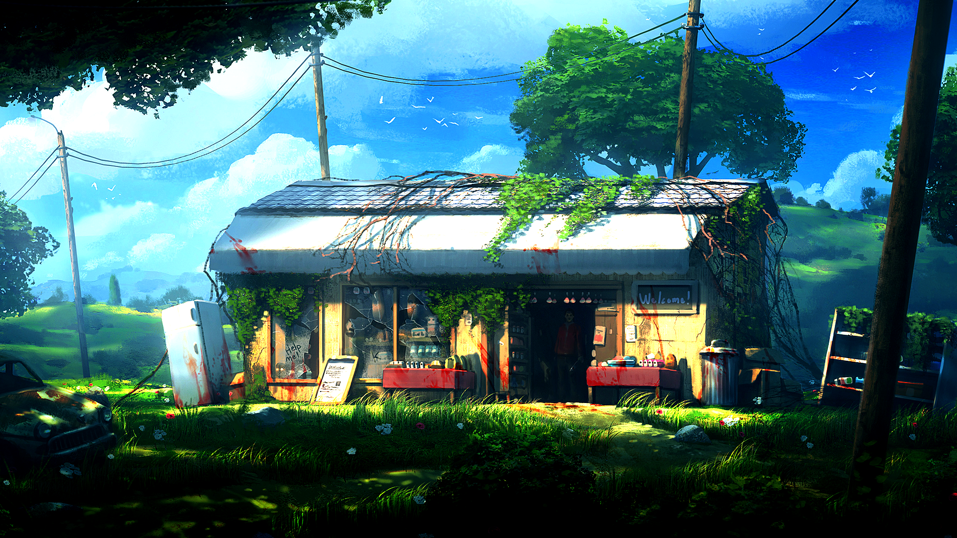Apocalyptic artwork of an abandoned store HD Wallpaper