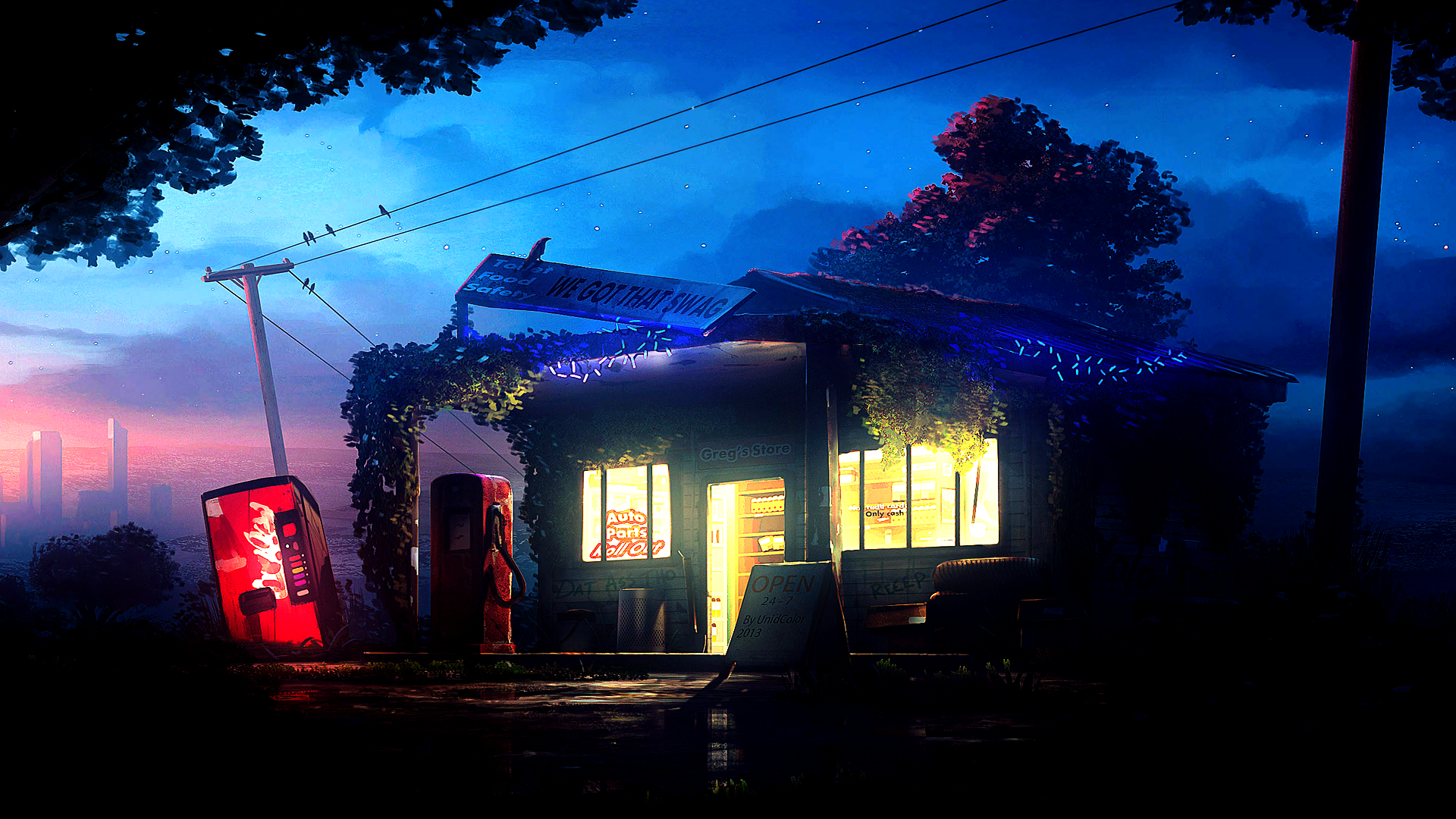Greg's Store at Night with a Coca-Cola Vending Machine HD Wallpaper