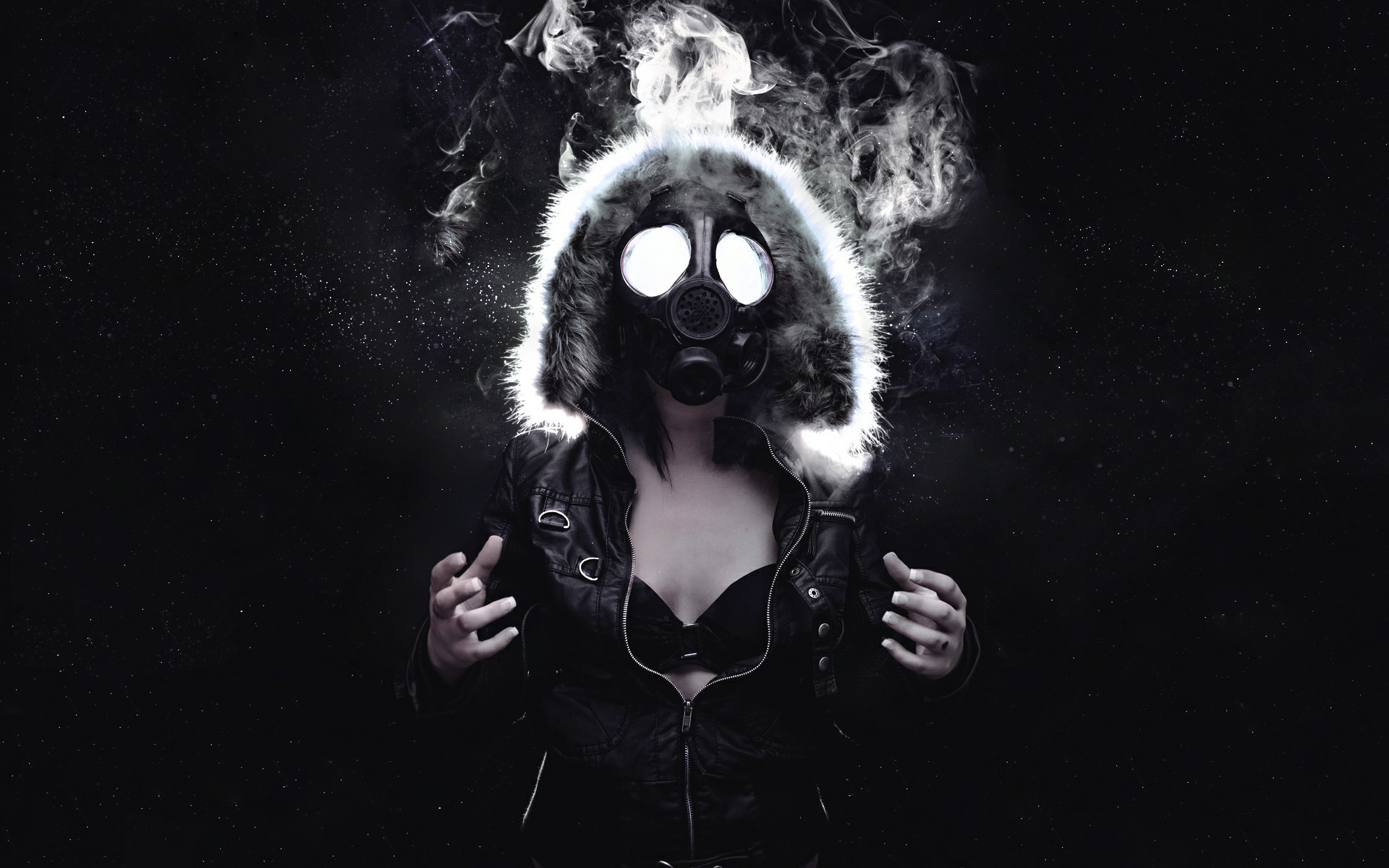 Woman in gas mask with smoke and fur hood HD Wallpaper