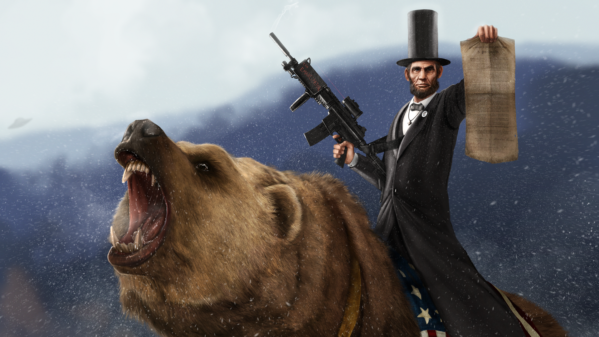 Abraham Lincoln riding a grizzly bear with a gun HD Wallpaper