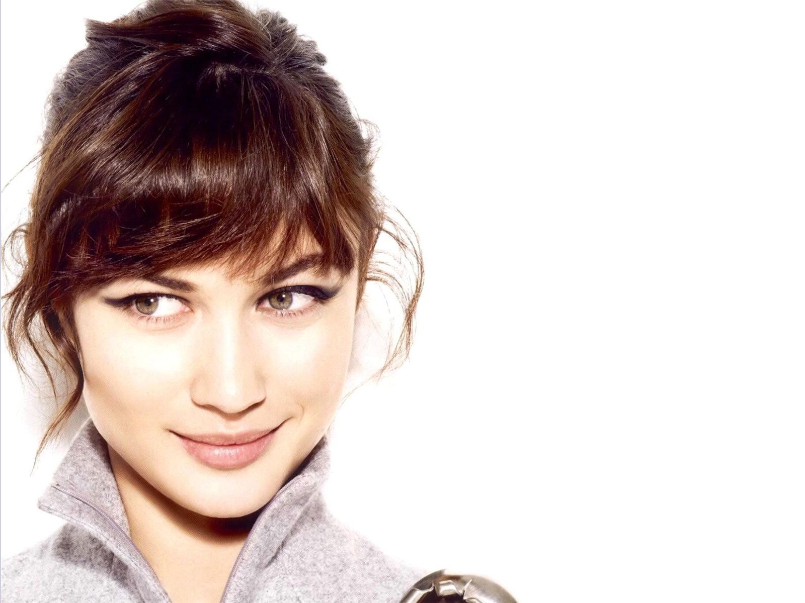 Olga Kurylenko portrait with grey collar HD Wallpaper