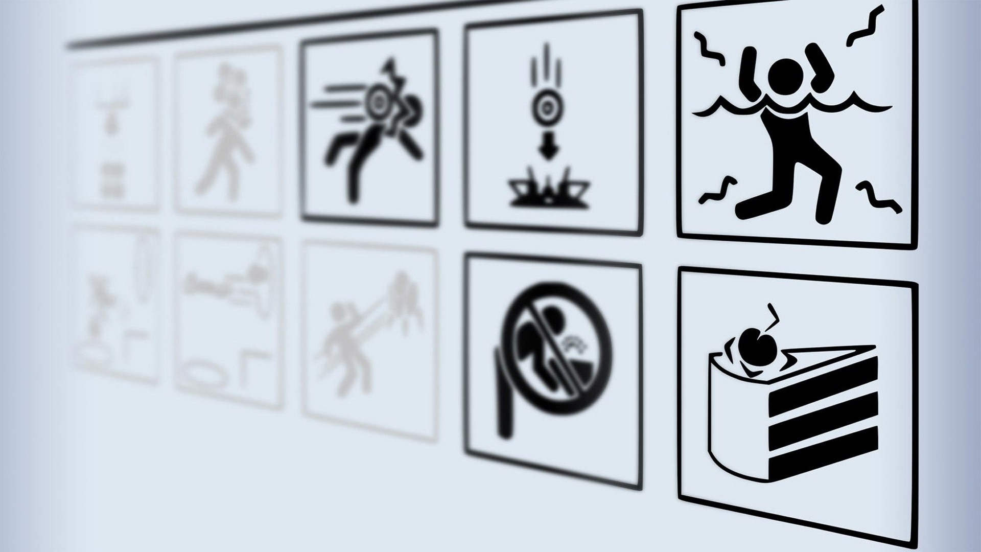 Portal 2 warning signs with cake HD Wallpaper