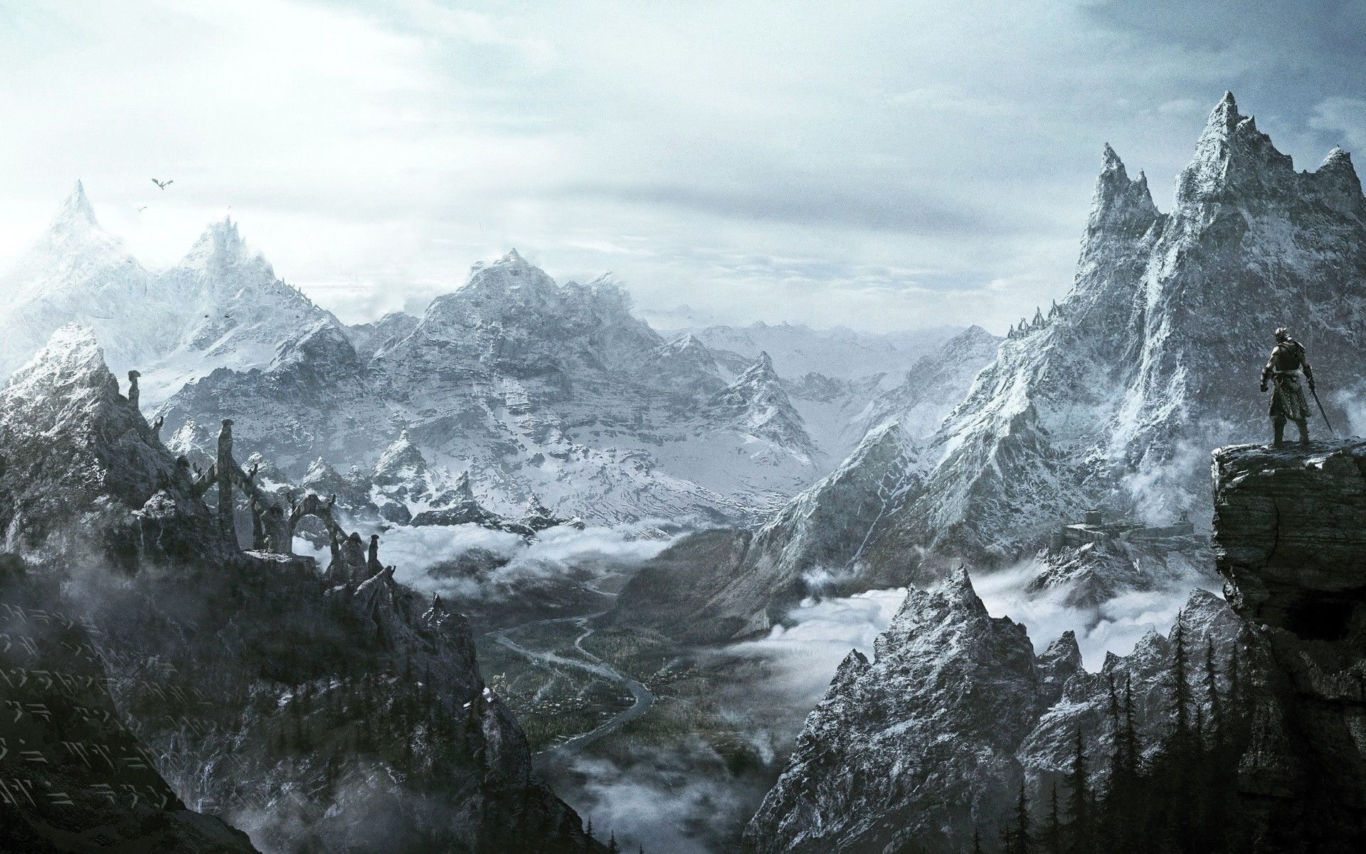 The Elder Scrolls V Skyrim snowy mountain landscape with a warrior HD Wallpaper