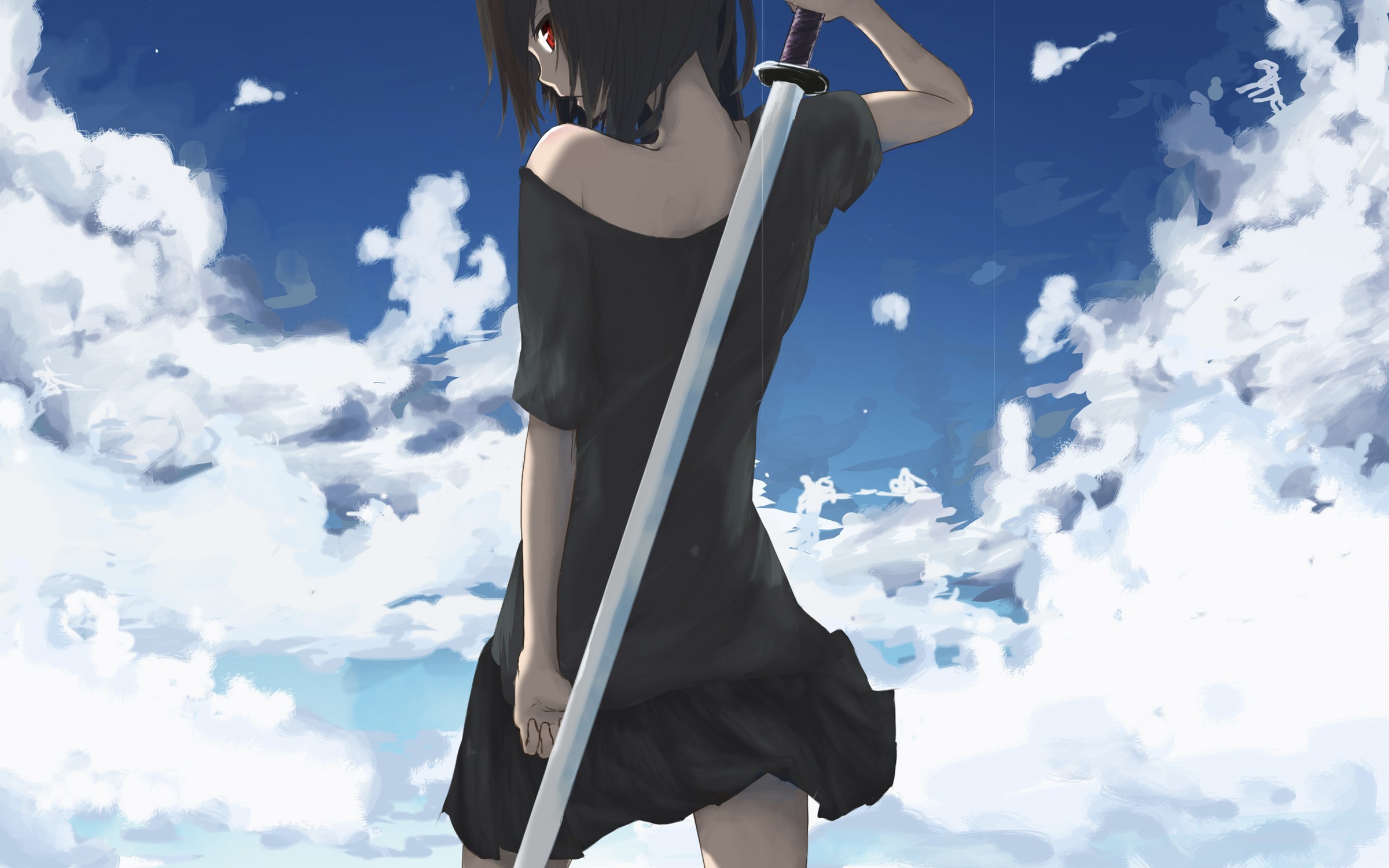 Anime girl with sword against a cloudy sky HD Wallpaper