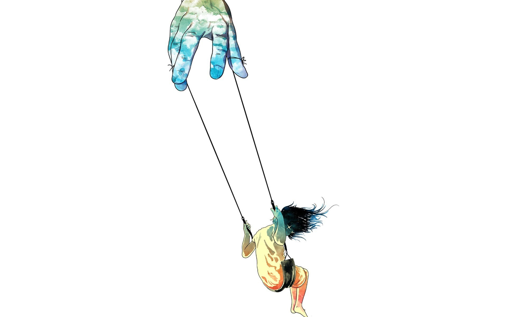 Giant hand controlling a child on a swing HD Wallpaper
