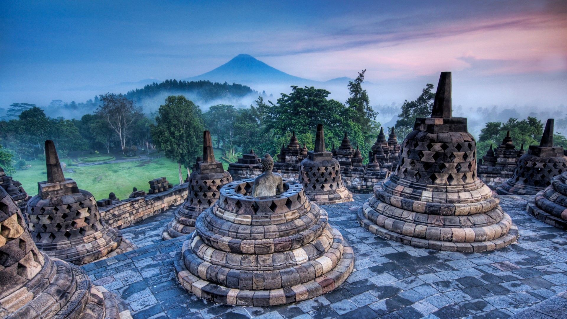 Borobudur Temple Indonesia at sunrise with Mount Merapi HD Wallpaper