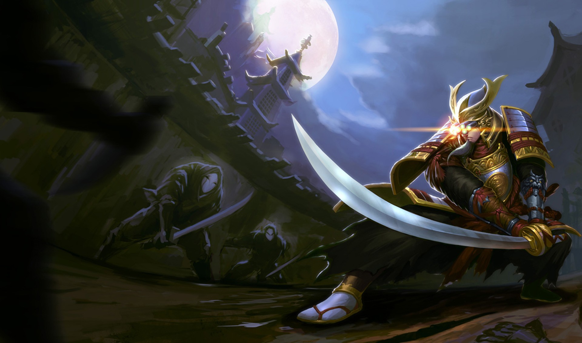 Master Yi fighting ninjas under the moonlight HD Wallpaper